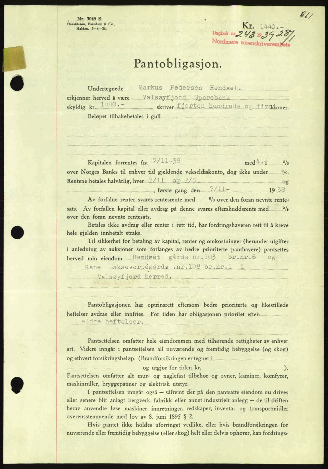Nordmøre sorenskriveri, SAT/A-4132/1/2/2Ca: Mortgage book no. B84, 1938-1939, Diary no: : 243/1939