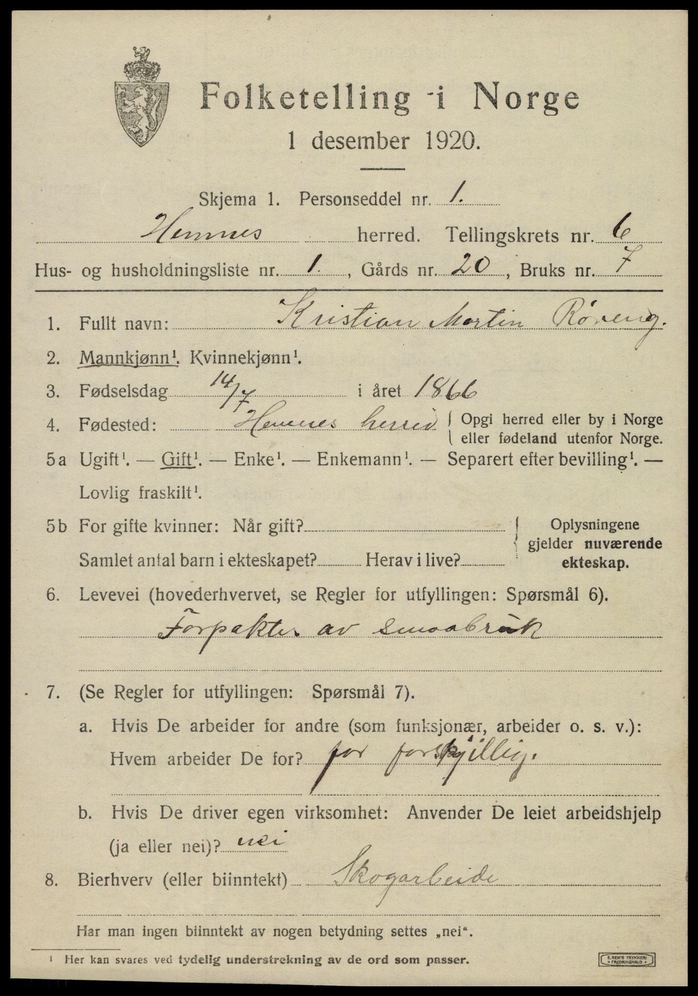 SAT, 1920 census for Hemnes, 1920, p. 6378