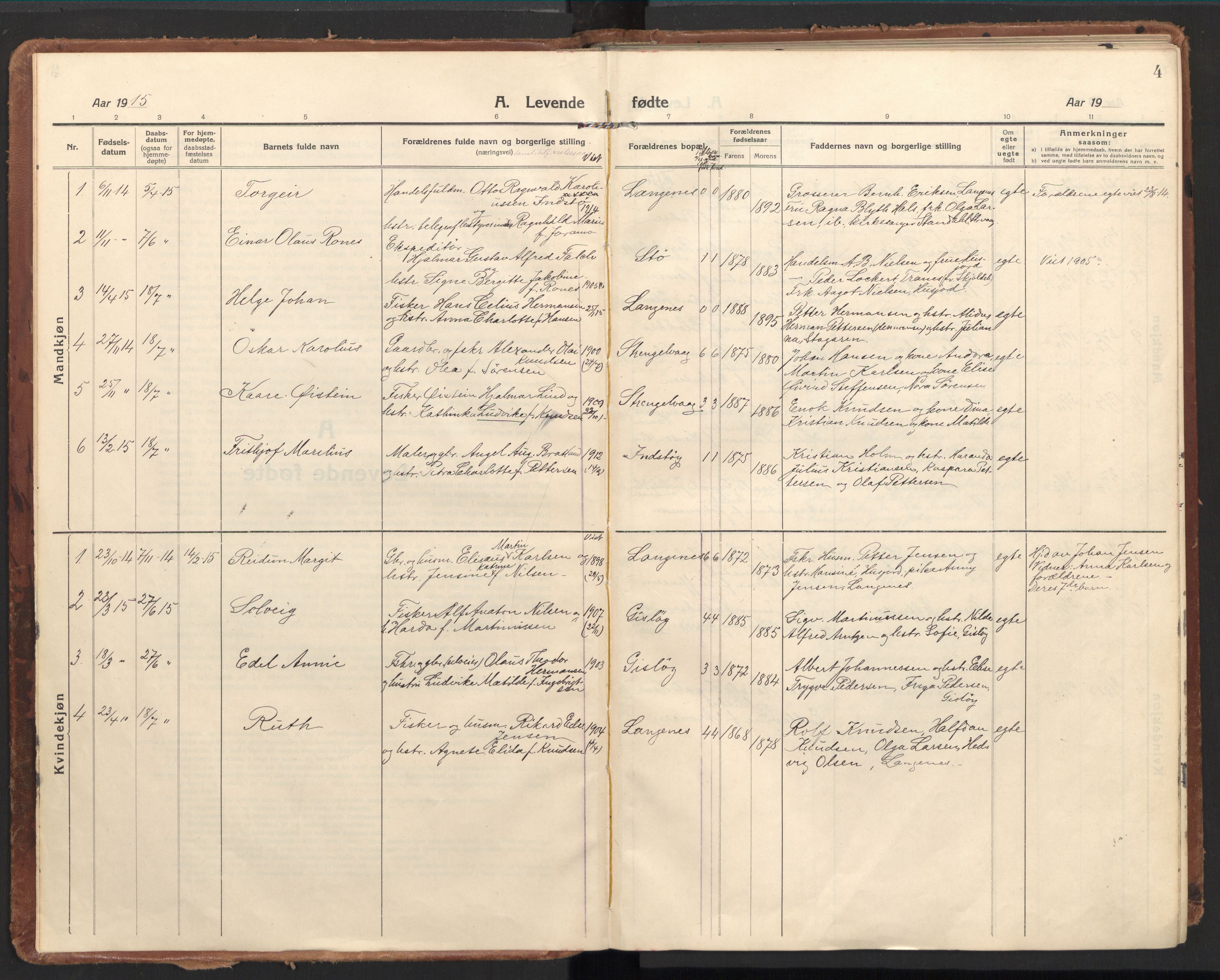 Ministerialprotokoller, klokkerbøker og fødselsregistre - Nordland, SAT/A-1459/894/L1357: Parish register (official) no. 894A03, 1913-1934, p. 4