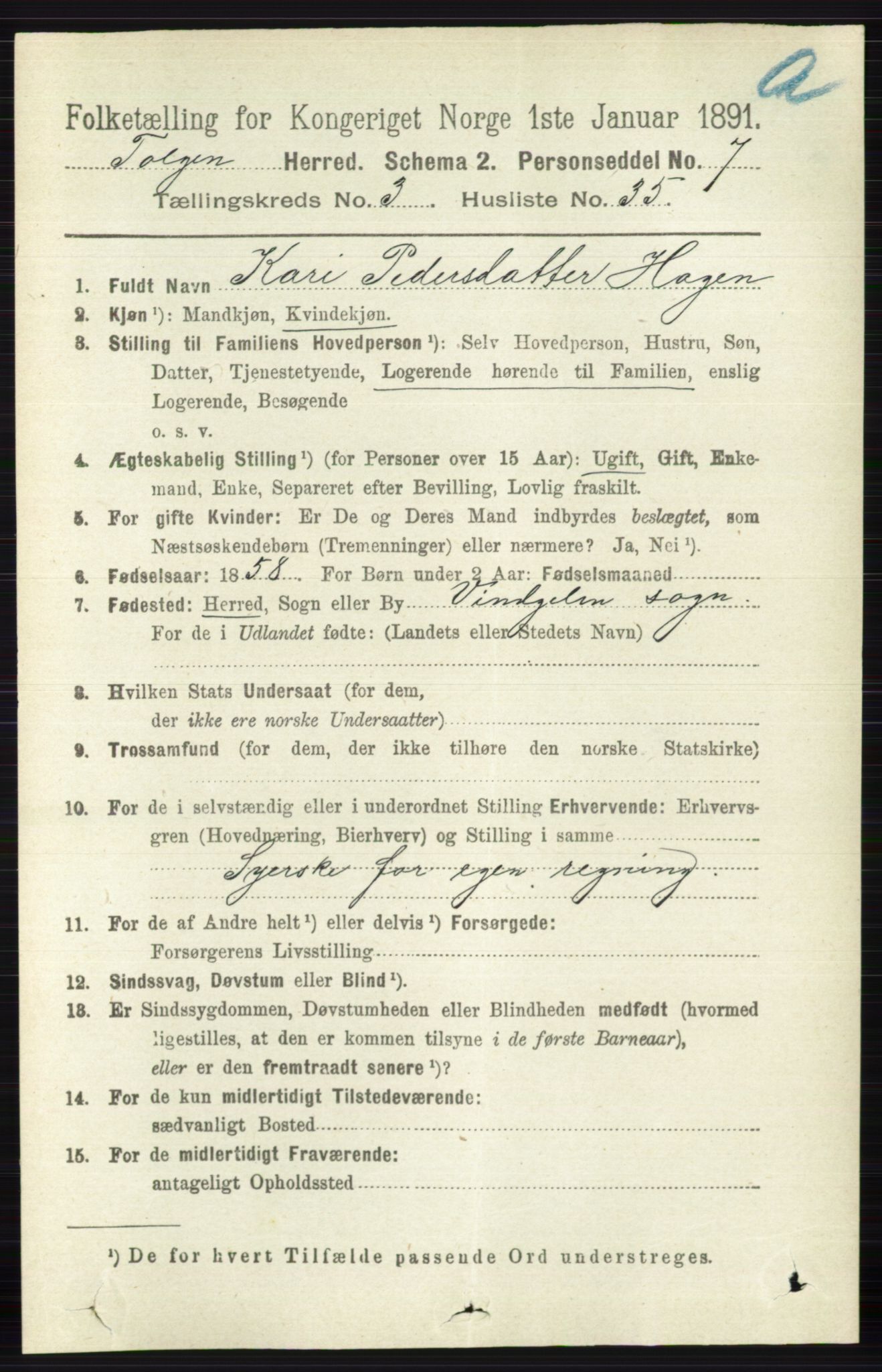 RA, 1891 census for 0436 Tolga, 1891, p. 811