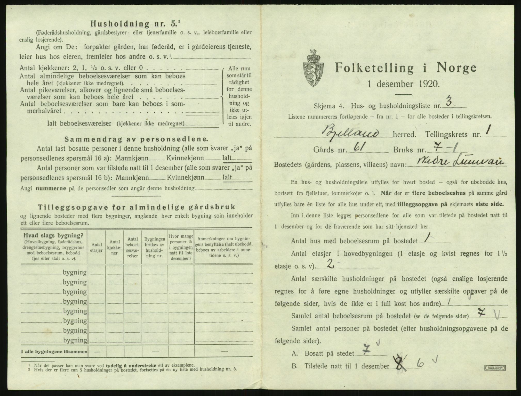 SAK, 1920 census for Bjelland, 1920, p. 43