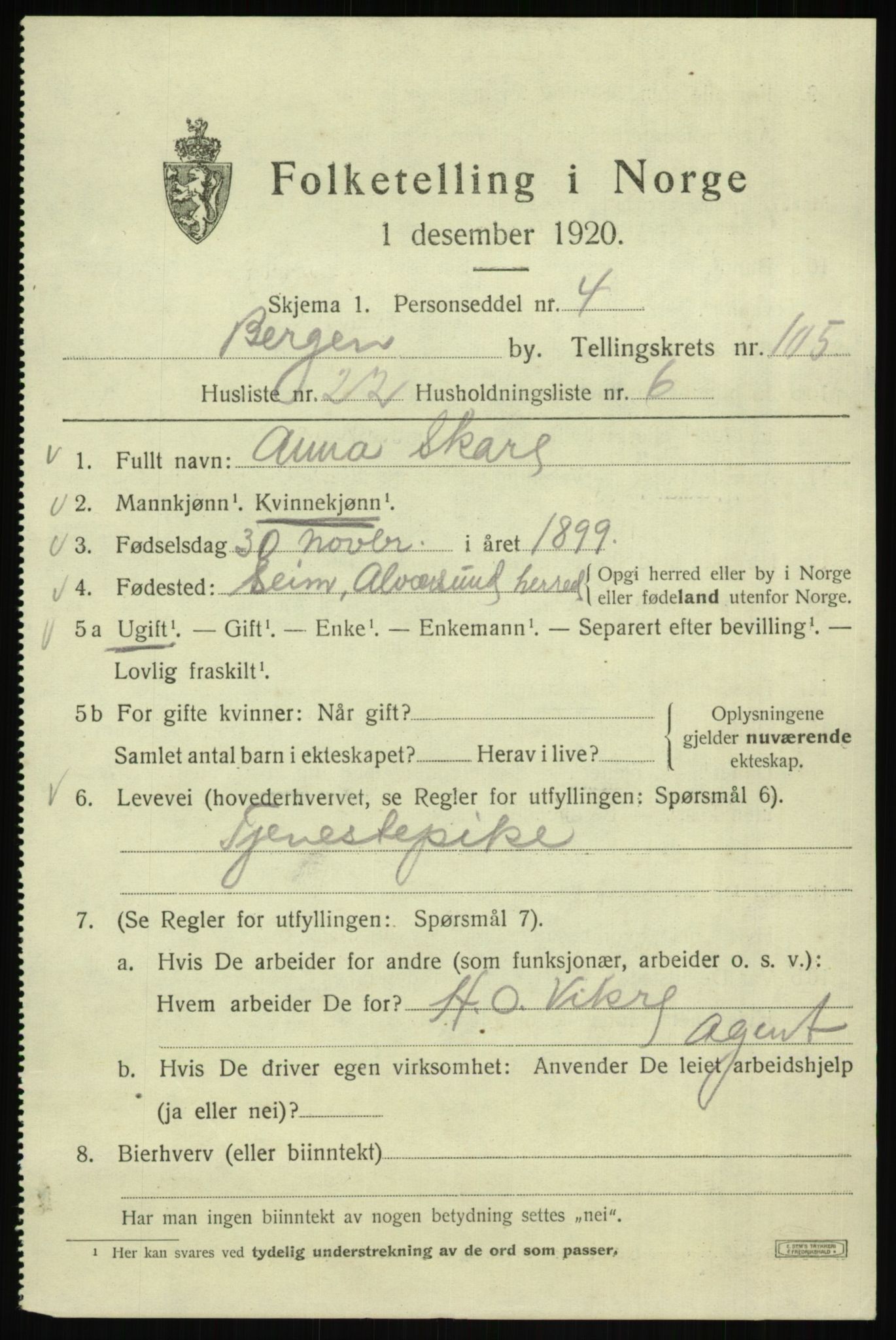 SAB, 1920 census for Bergen, 1920, p. 183427