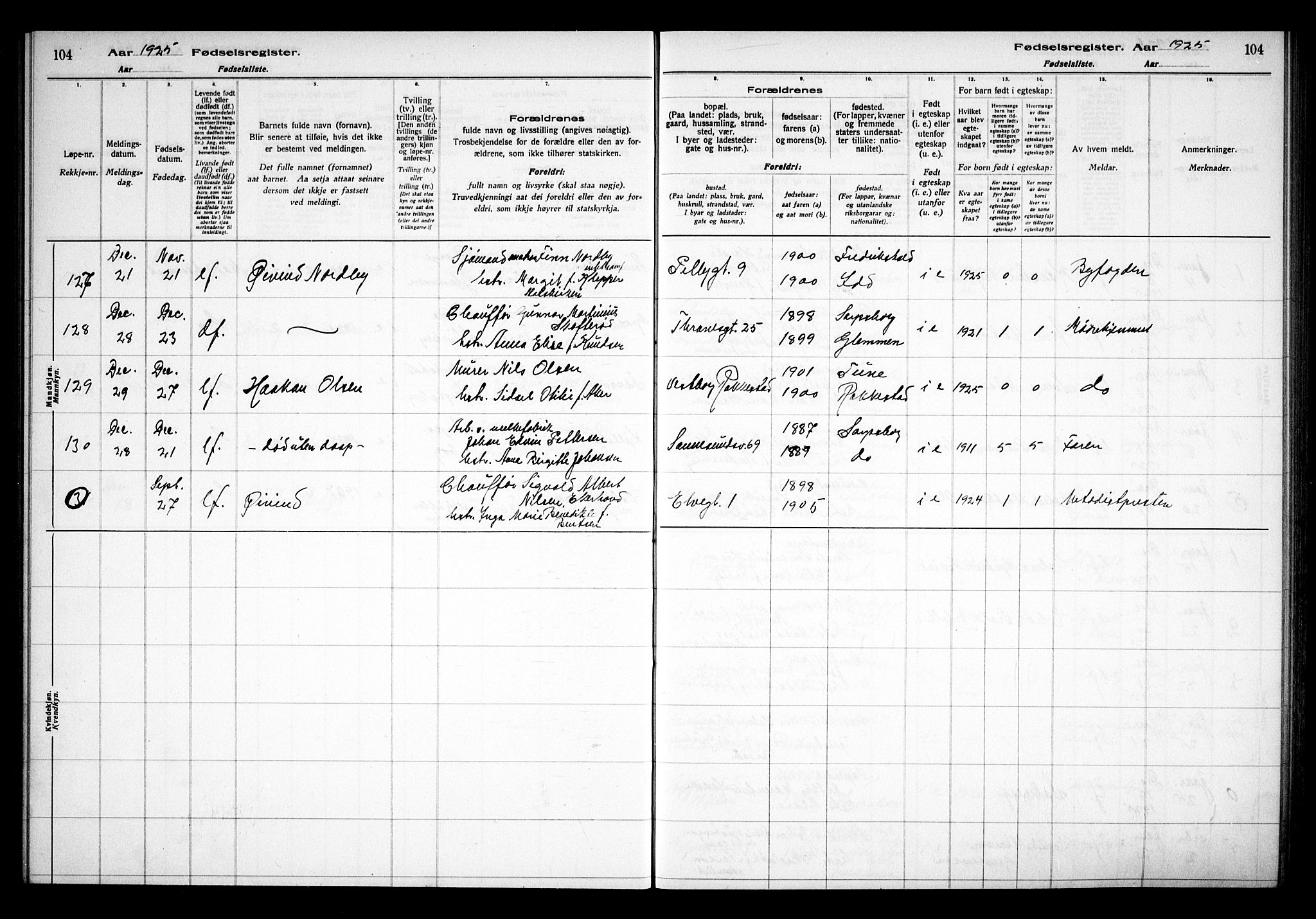 Sarpsborg prestekontor Kirkebøker, SAO/A-2006/J/Ja/L0002: Birth register no. 2, 1922-1928, p. 104