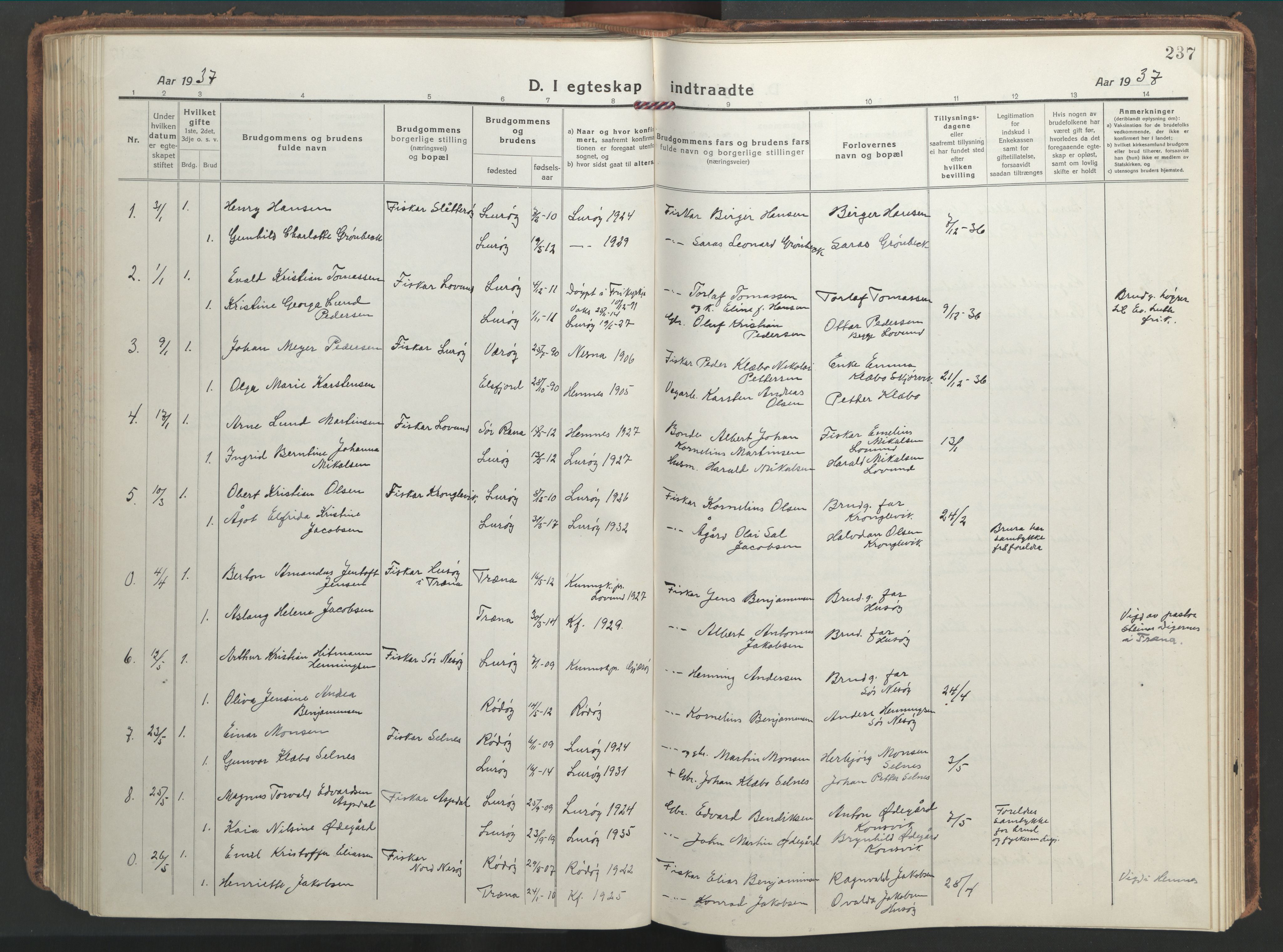 Ministerialprotokoller, klokkerbøker og fødselsregistre - Nordland, AV/SAT-A-1459/839/L0574: Parish register (copy) no. 839C04, 1918-1950, p. 237