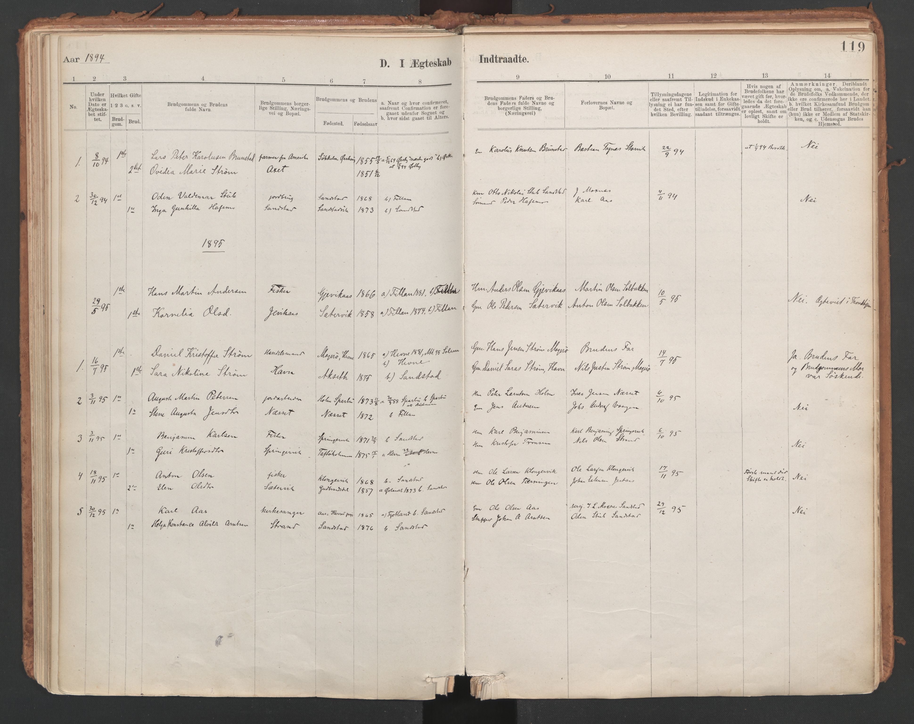 Ministerialprotokoller, klokkerbøker og fødselsregistre - Sør-Trøndelag, SAT/A-1456/639/L0572: Parish register (official) no. 639A01, 1890-1920, p. 119