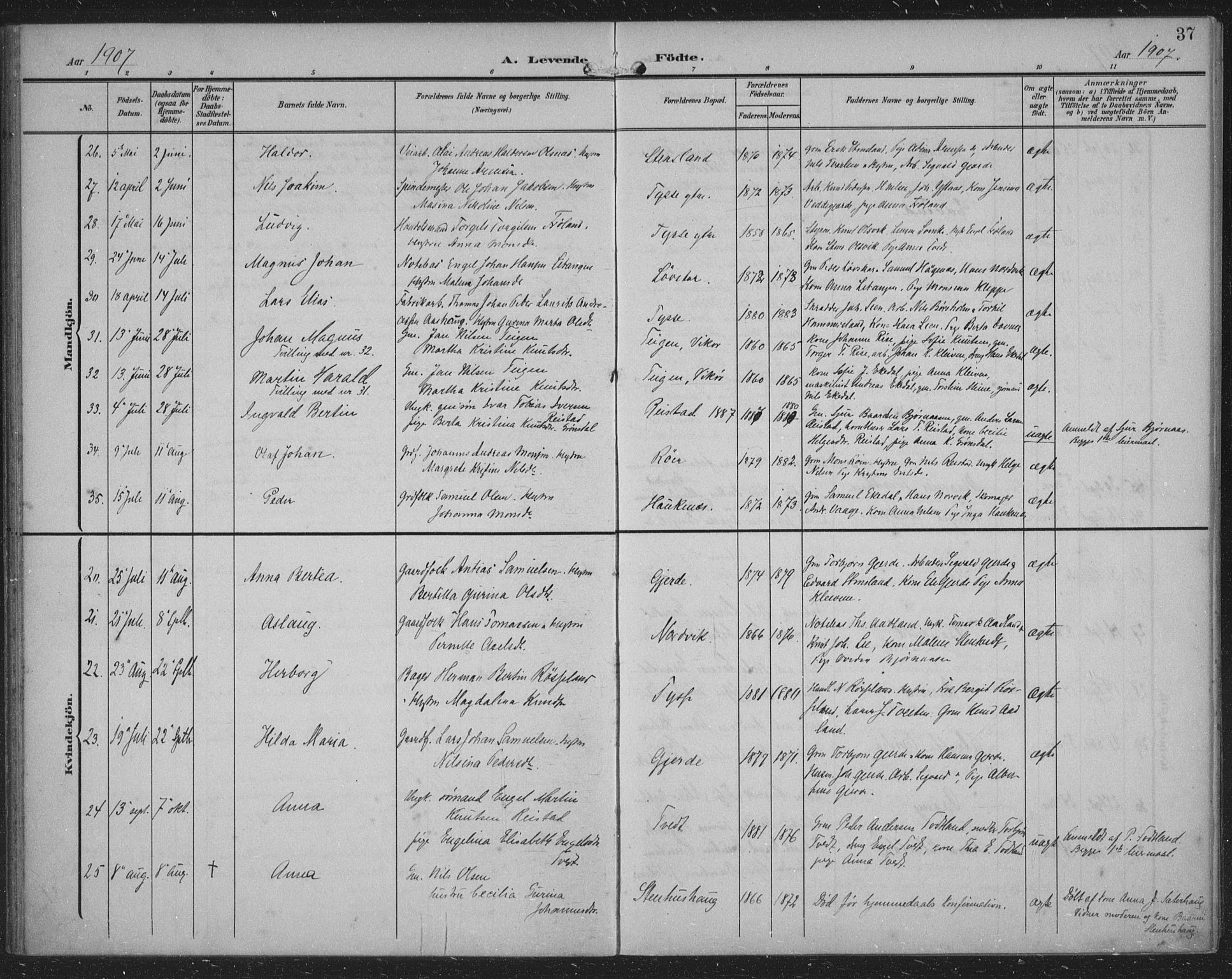 Samnanger Sokneprestembete, SAB/A-77501/H/Haa: Parish register (official) no. A 2, 1902-1918, p. 37