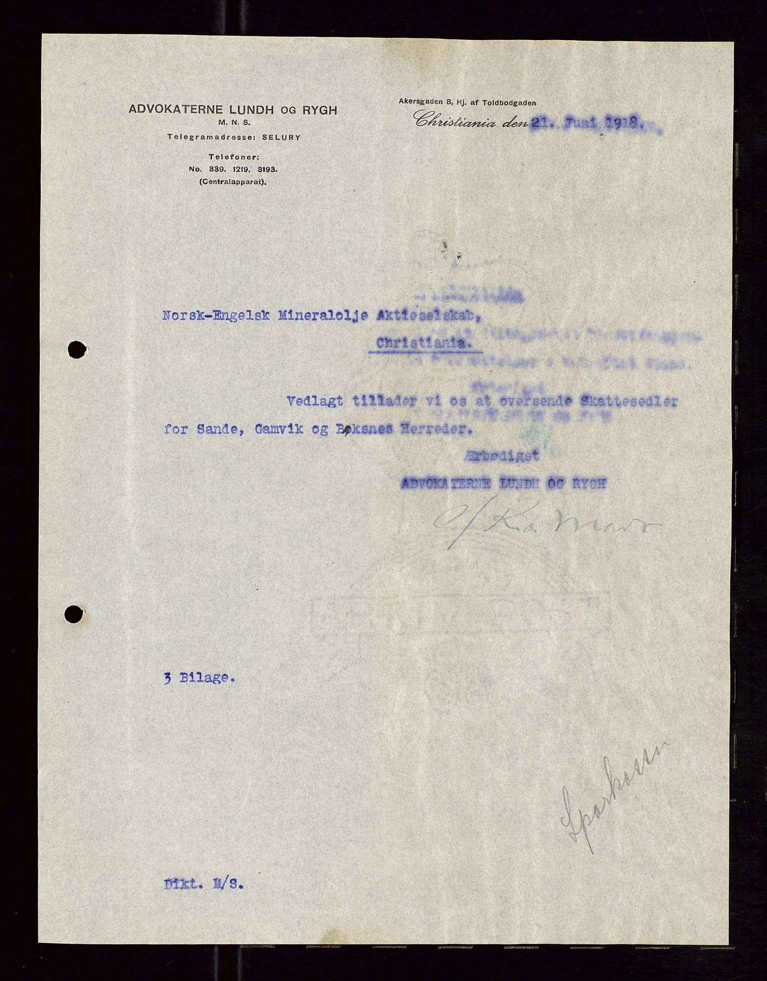 Pa 1521 - A/S Norske Shell, AV/SAST-A-101915/E/Ea/Eaa/L0005: Sjefskorrespondanse, 1918, p. 397