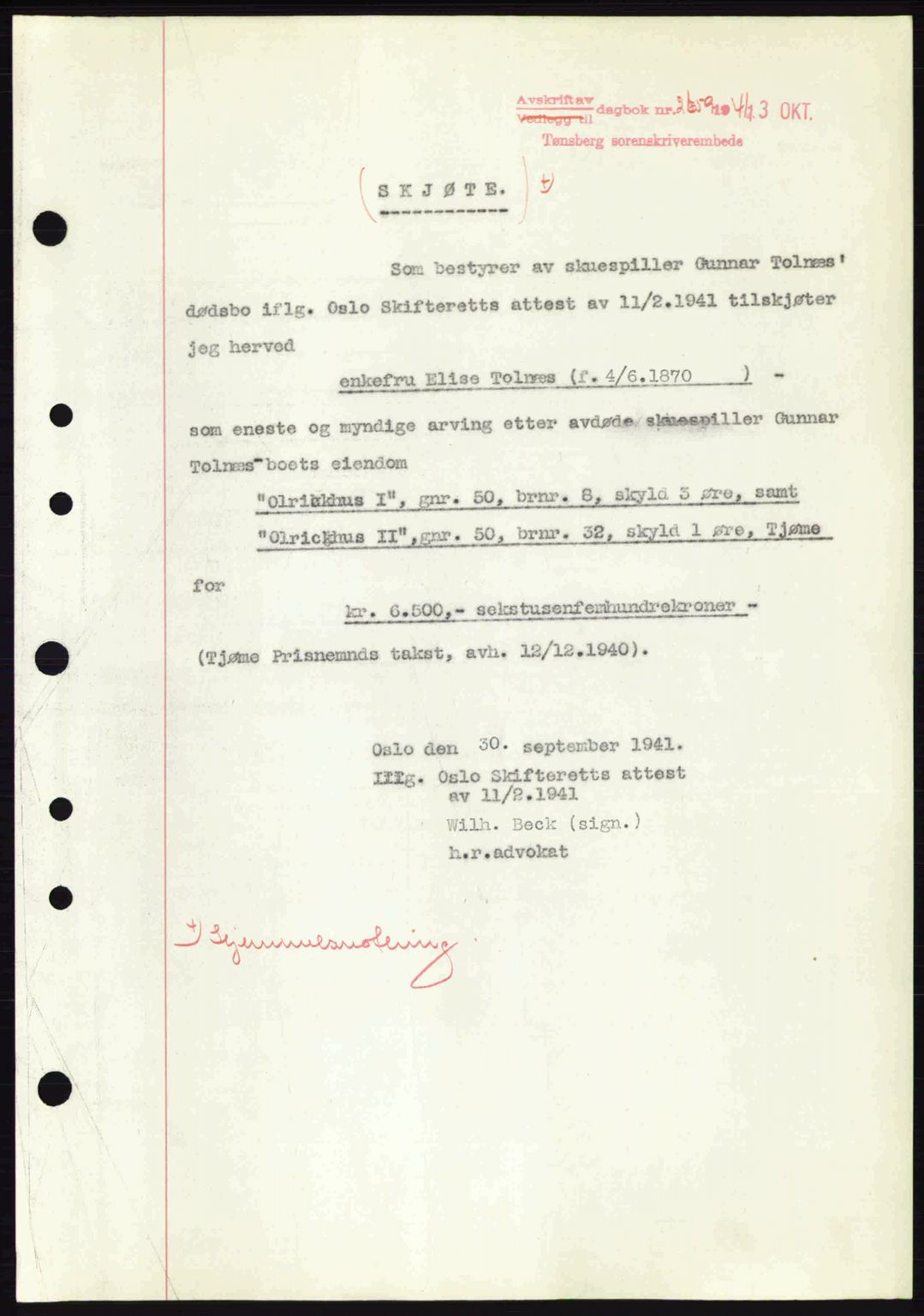 Tønsberg sorenskriveri, AV/SAKO-A-130/G/Ga/Gaa/L0010: Mortgage book no. A10, 1941-1941, Diary no: : 2659/1941