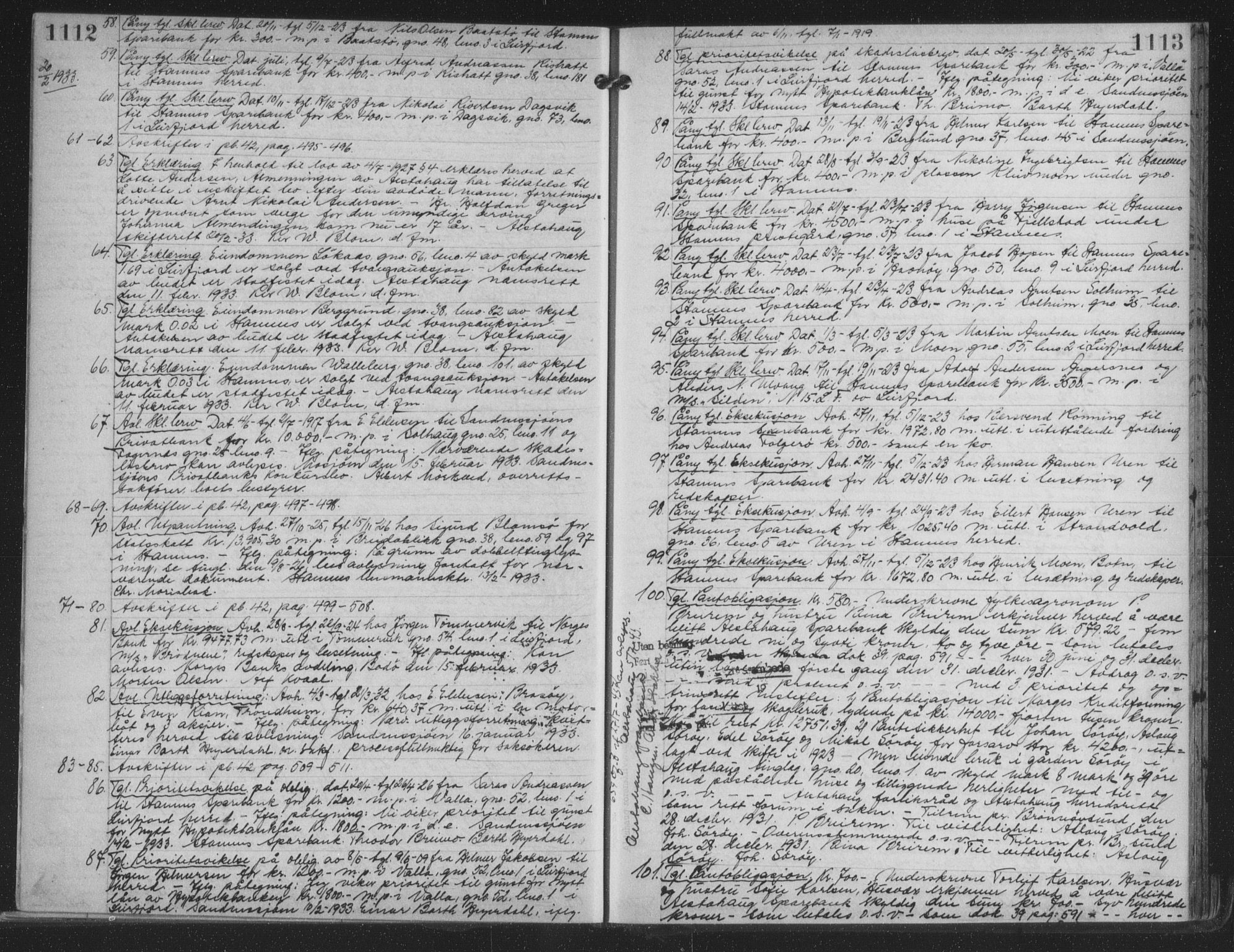 Søndre Helgeland sorenskriveri, SAT/A-4575/1/2/2C/L0023: Mortgage book no. 34, 1925-1935, p. 1112-1113, Deed date: 20.02.1933