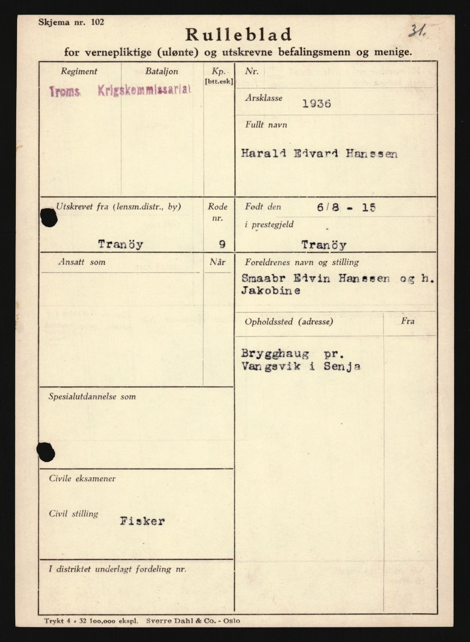 Forsvaret, Troms infanteriregiment nr. 16, AV/RA-RAFA-3146/P/Pa/L0020: Rulleblad for regimentets menige mannskaper, årsklasse 1936, 1936, p. 337