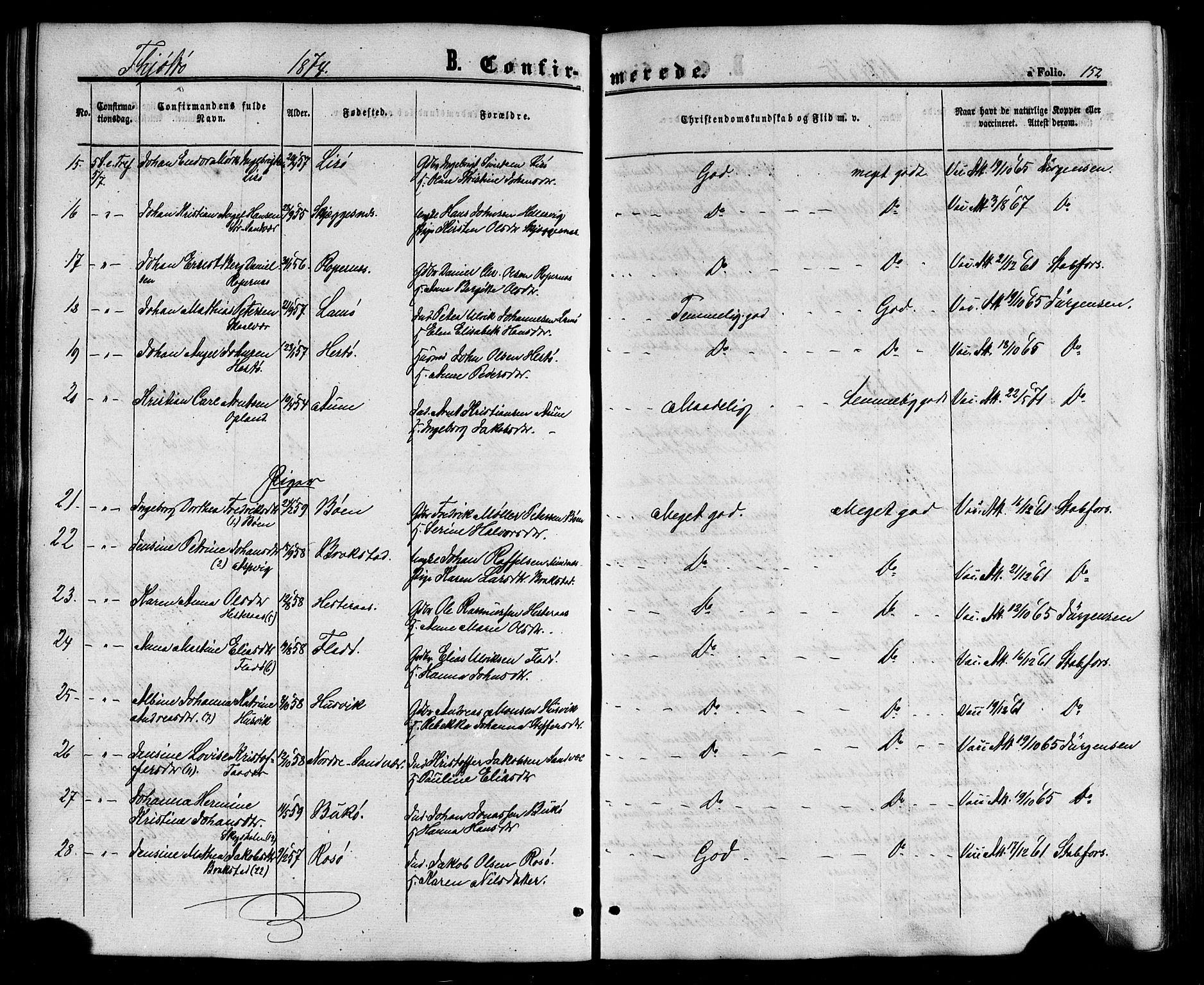 Ministerialprotokoller, klokkerbøker og fødselsregistre - Nordland, SAT/A-1459/817/L0262: Parish register (official) no. 817A03/ 1, 1862-1877, p. 152