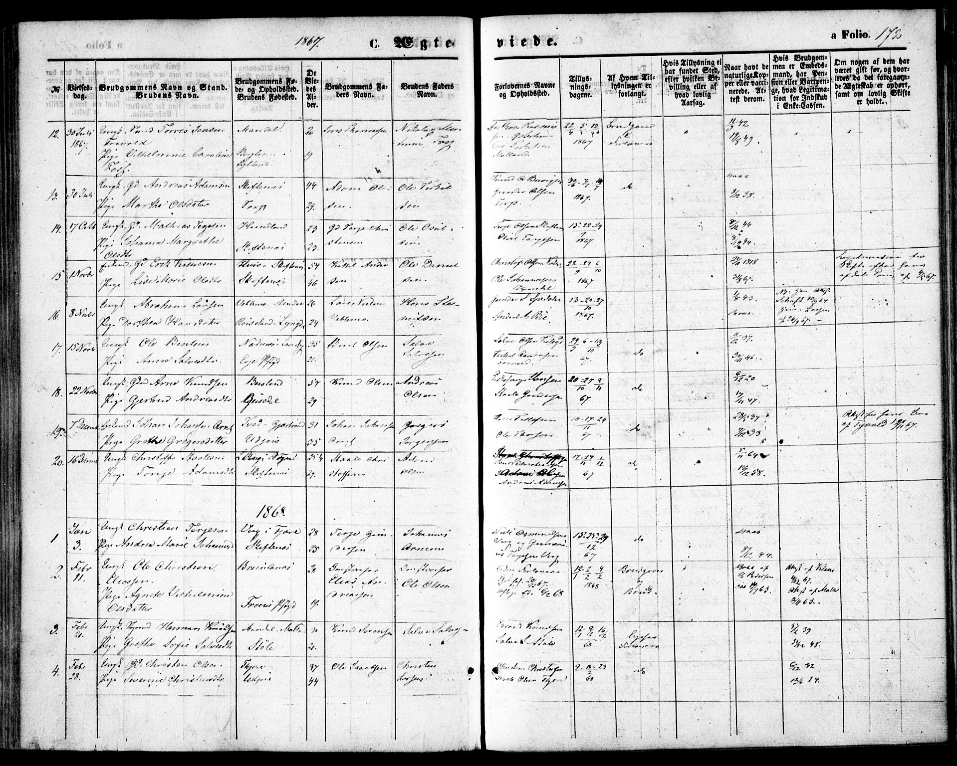 Hommedal sokneprestkontor, AV/SAK-1111-0023/F/Fa/Fab/L0005: Parish register (official) no. A 5, 1861-1877, p. 172