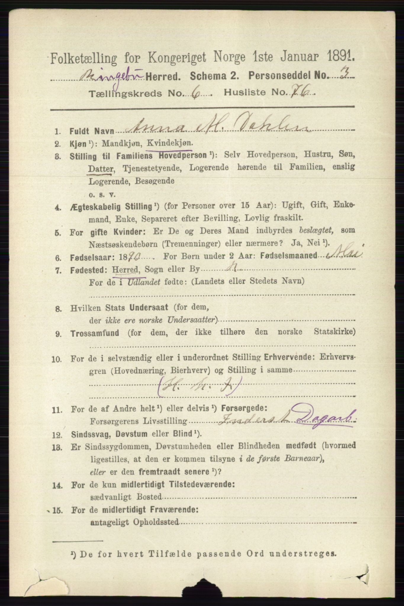 RA, 1891 census for 0520 Ringebu, 1891, p. 2919