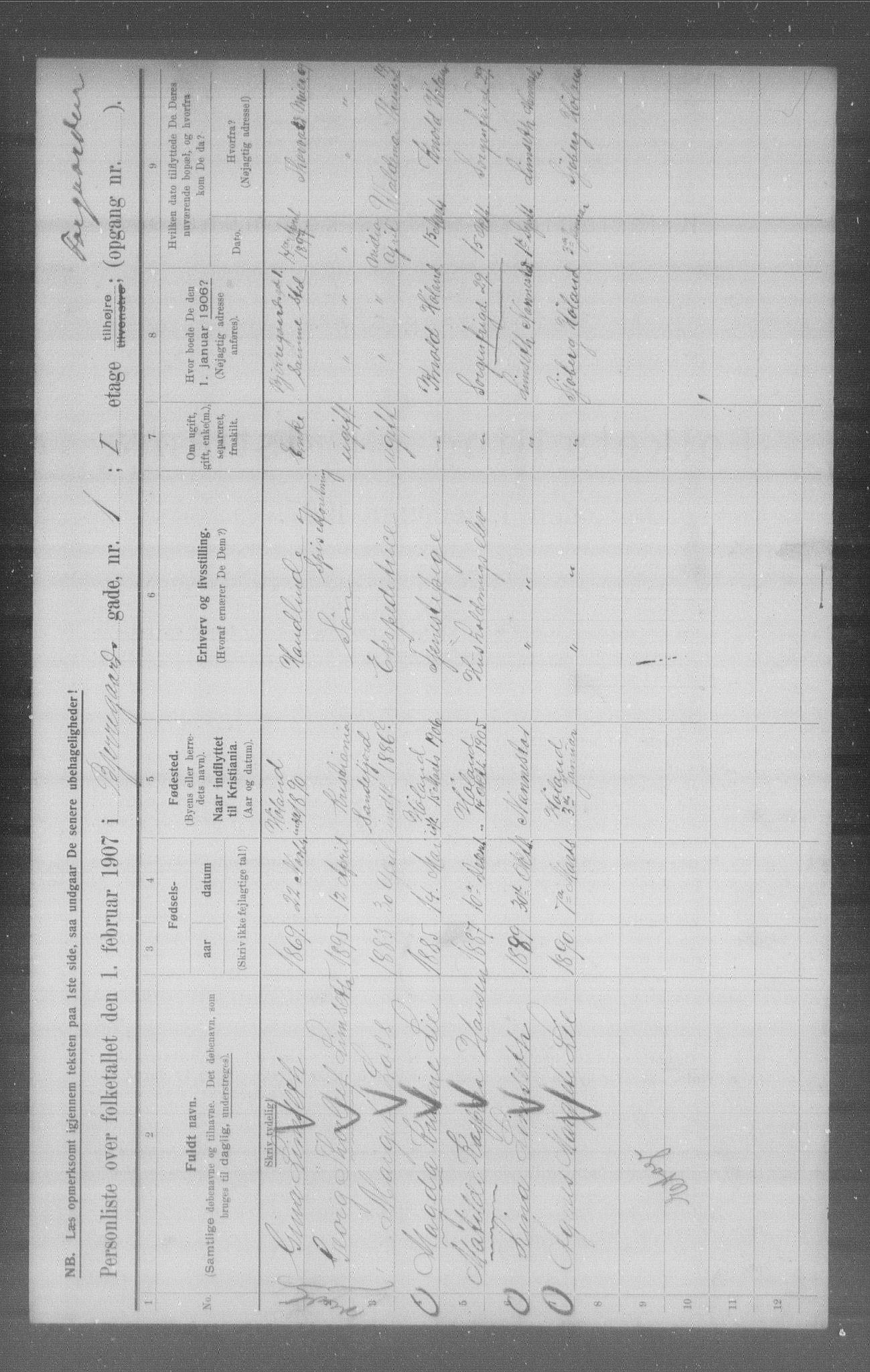 OBA, Municipal Census 1907 for Kristiania, 1907, p. 2907