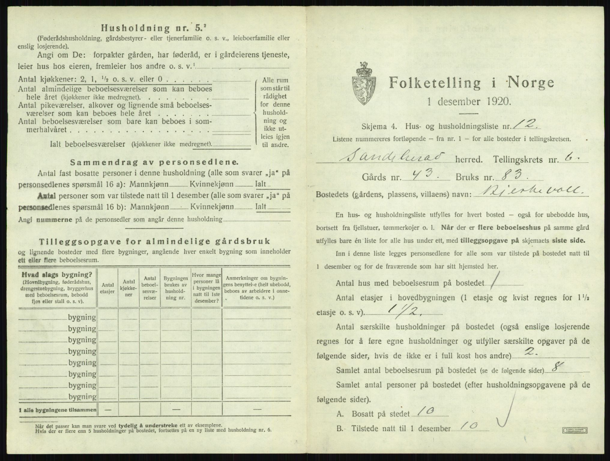 SAKO, 1920 census for Sandeherred, 1920, p. 1136