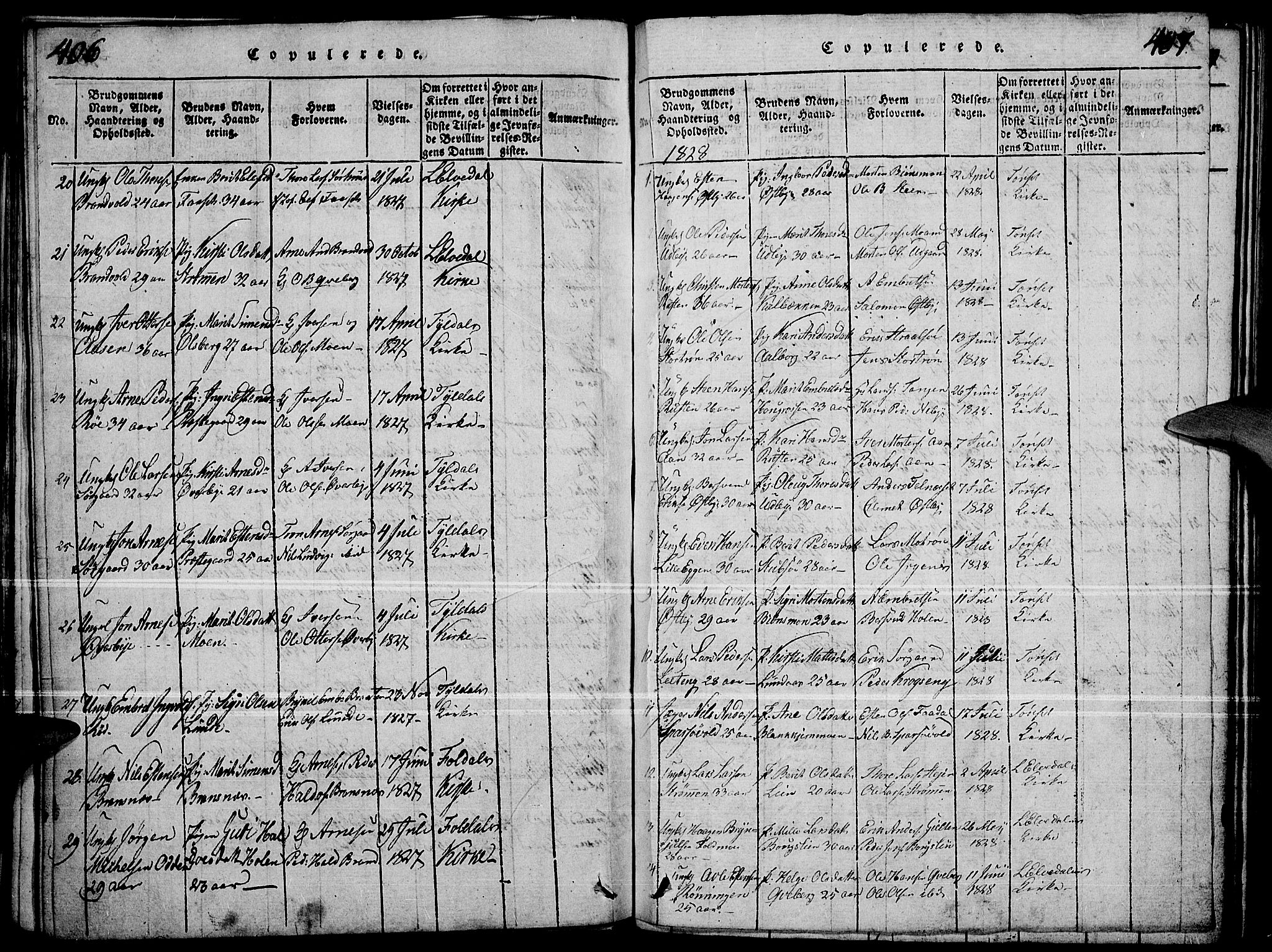 Tynset prestekontor, SAH/PREST-058/H/Ha/Haa/L0018: Parish register (official) no. 18, 1815-1829, p. 406-407