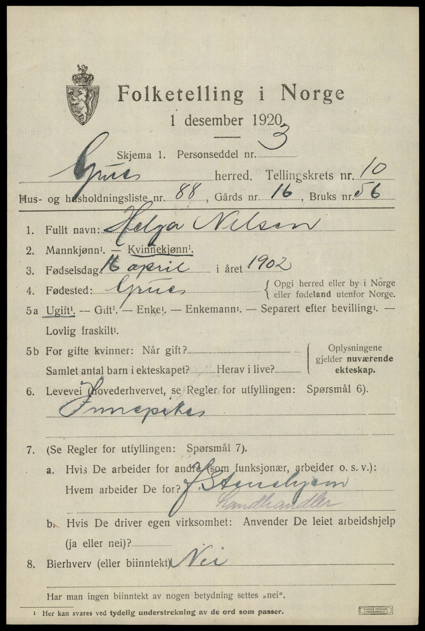 SAH, 1920 census for Grue, 1920, p. 9367