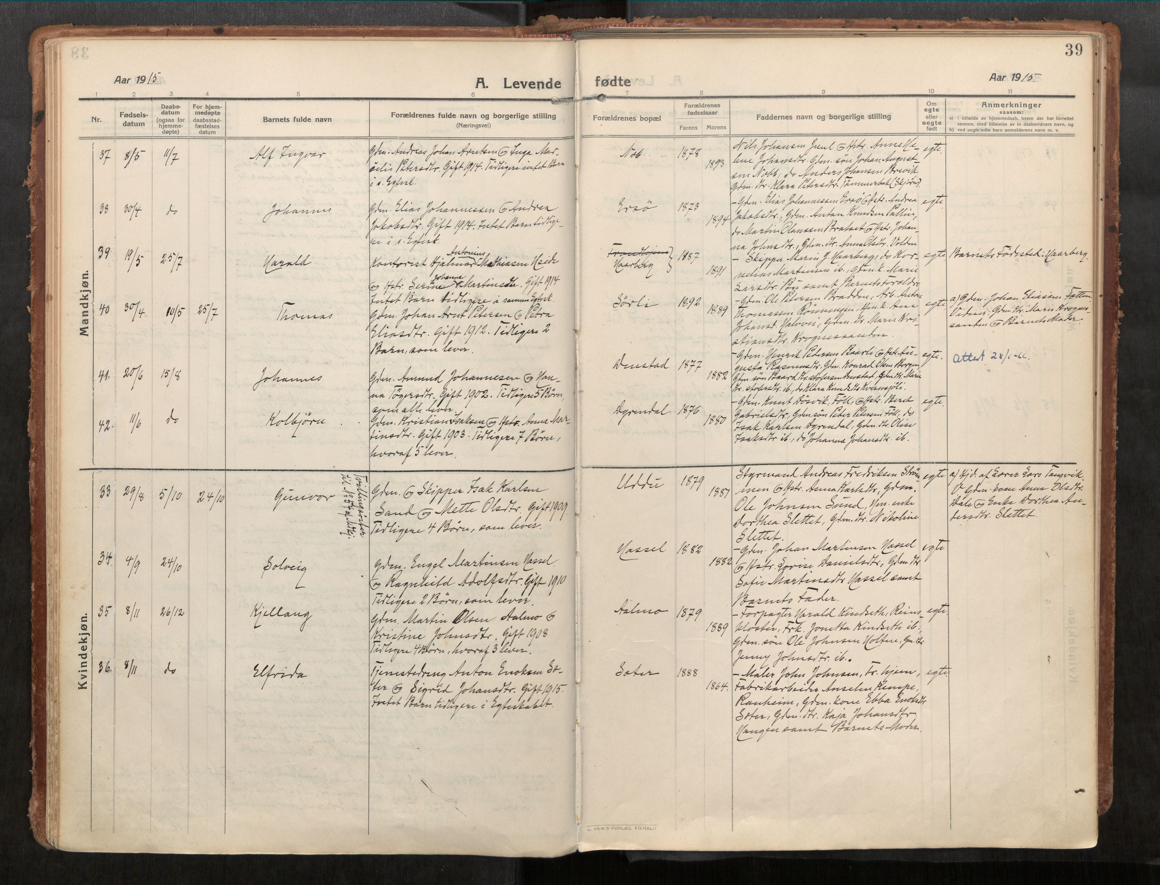 Stadsbygd sokneprestkontor, AV/SAT-A-1117/1/I/I1/I1a/L0001: Parish register (official) no. 1, 1911-1929, p. 39