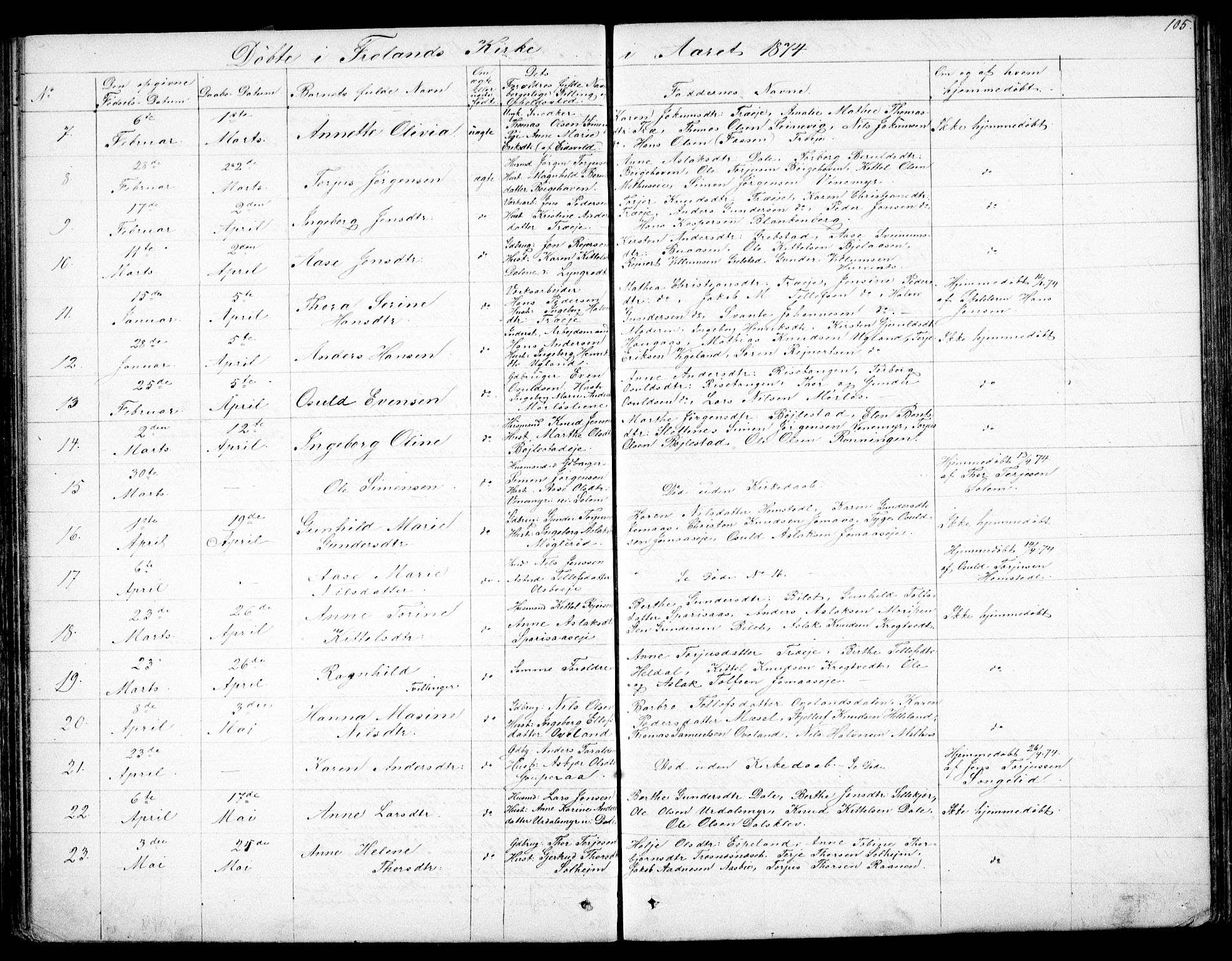 Froland sokneprestkontor, AV/SAK-1111-0013/F/Fb/L0008: Parish register (copy) no. B 8, 1843-1875, p. 105