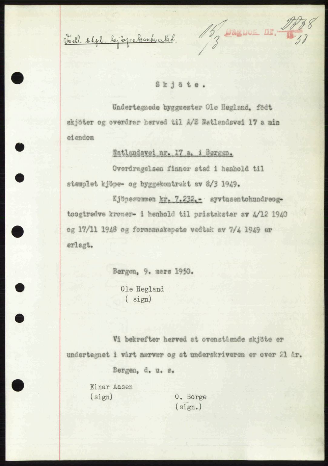 Byfogd og Byskriver i Bergen, AV/SAB-A-3401/03/03Bc/L0032: Mortgage book no. A26, 1950-1950, Diary no: : 2778/1950