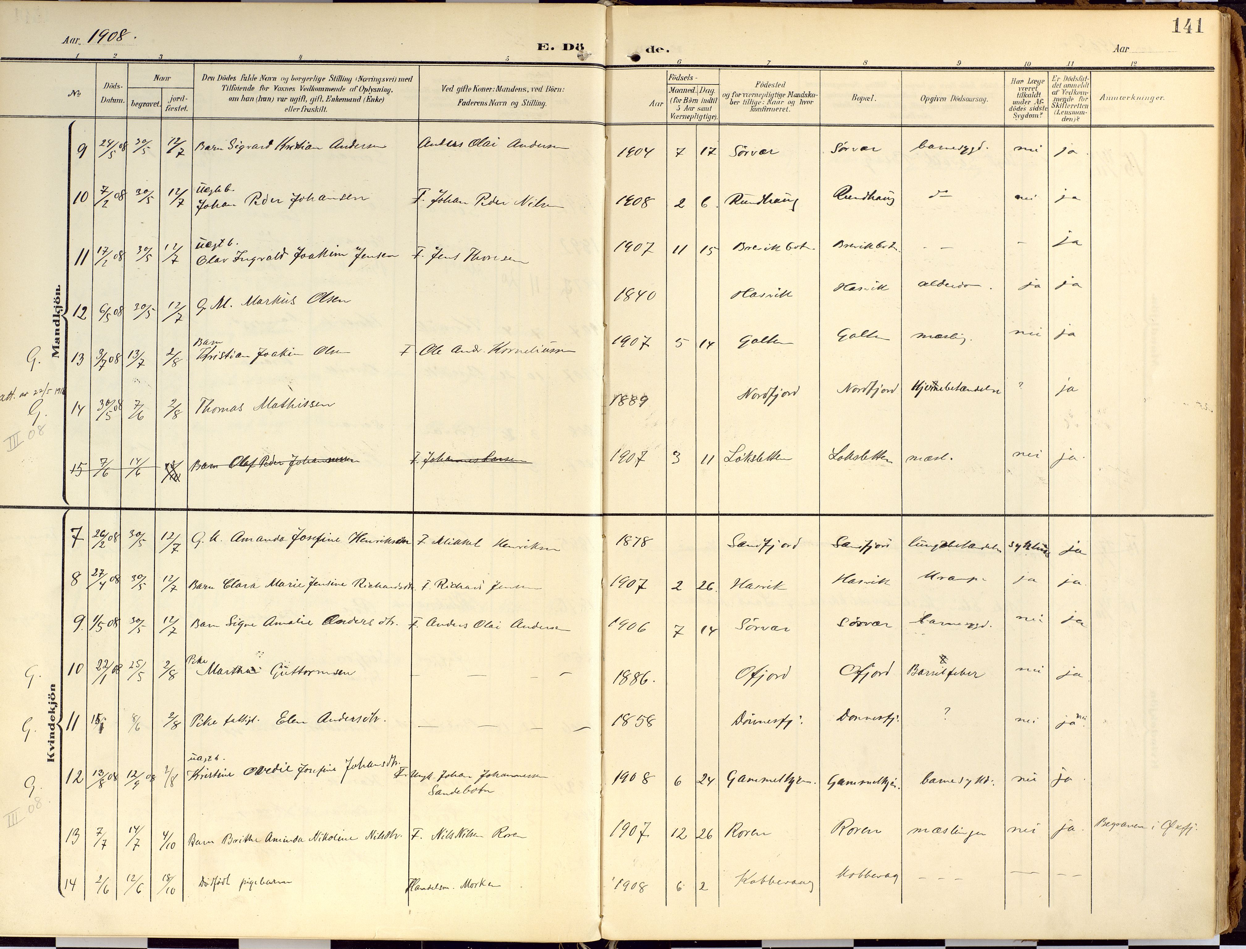 Loppa sokneprestkontor, SATØ/S-1339/H/Ha/L0010kirke: Parish register (official) no. 10, 1907-1922, p. 141