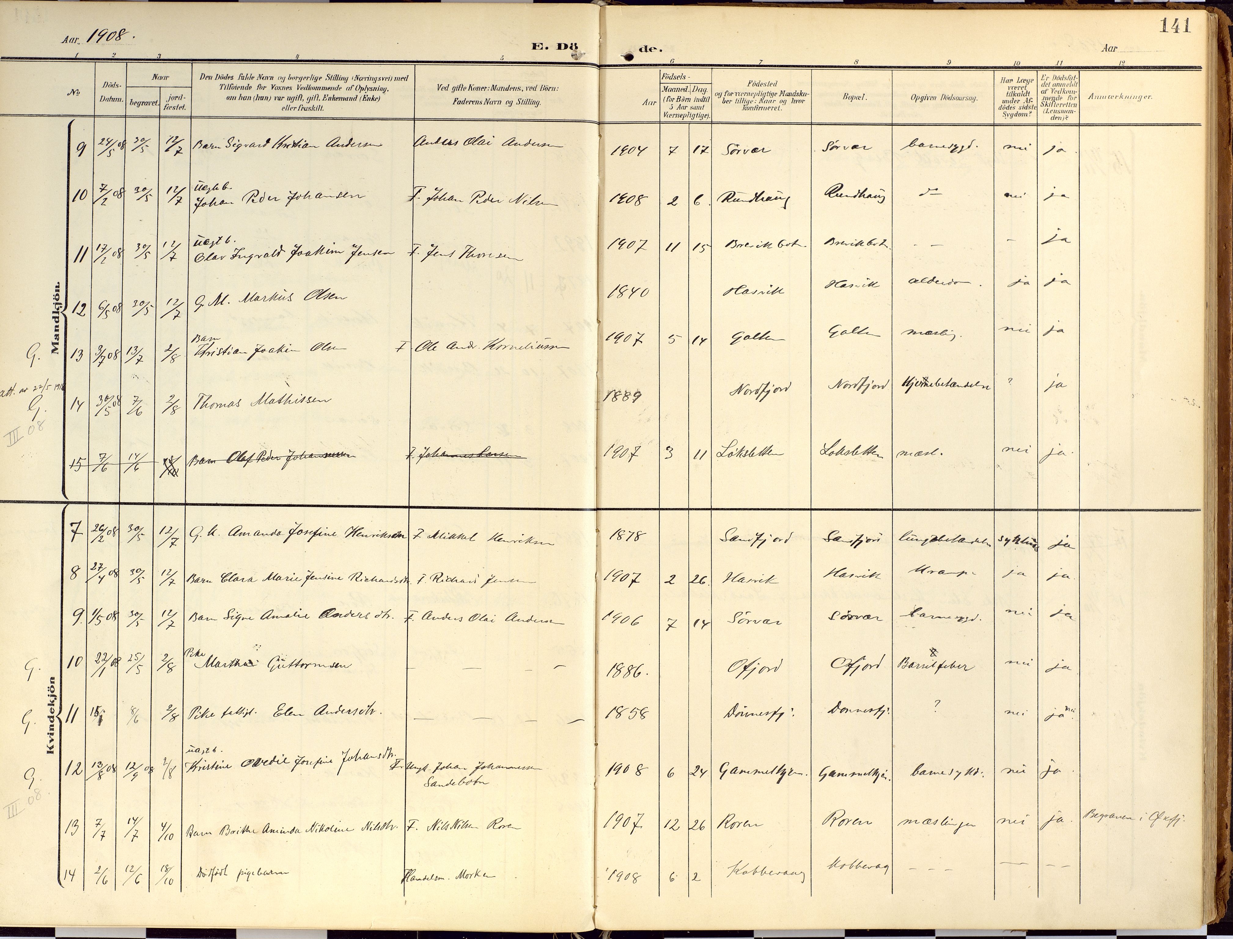 Loppa sokneprestkontor, AV/SATØ-S-1339/H/Ha/L0010kirke: Parish register (official) no. 10, 1907-1922, p. 141