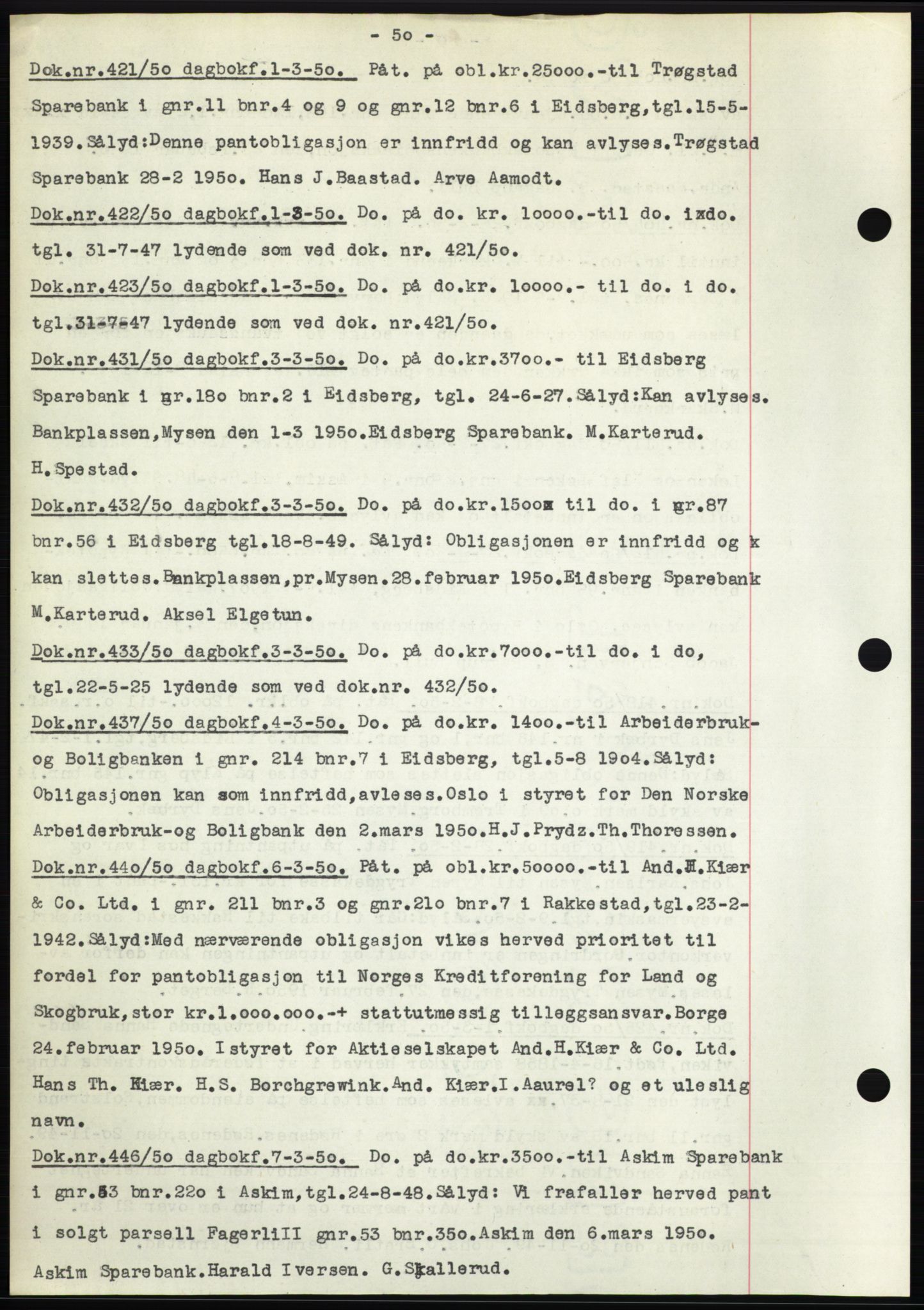 Rakkestad sorenskriveri, SAO/A-10686/G/Gb/Gba/Gbac/L0012: Mortgage book no. B1-4 og B16-20, 1949-1950, Diary no: : 421/1950