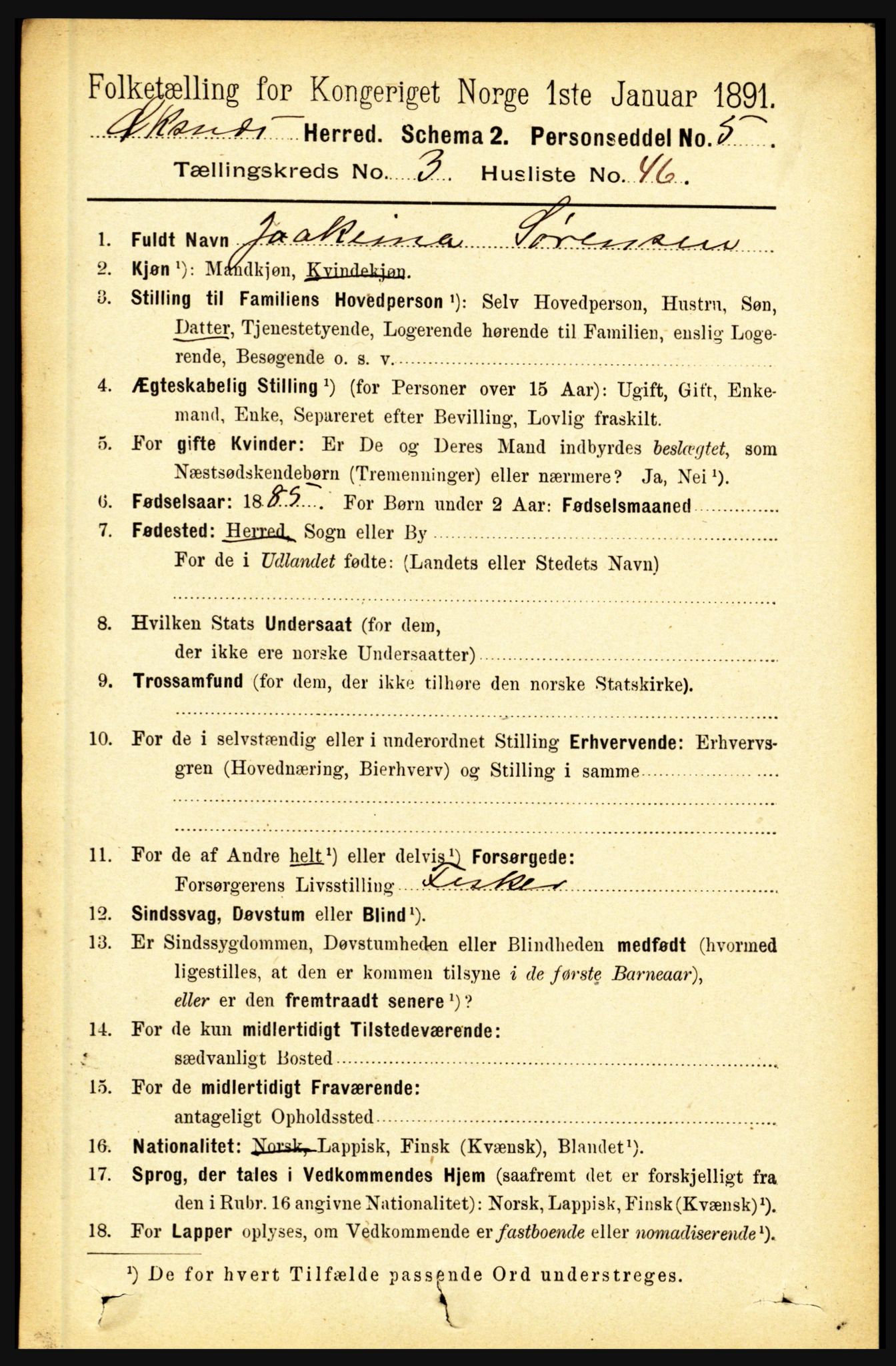 RA, 1891 census for 1868 Øksnes, 1891, p. 1464