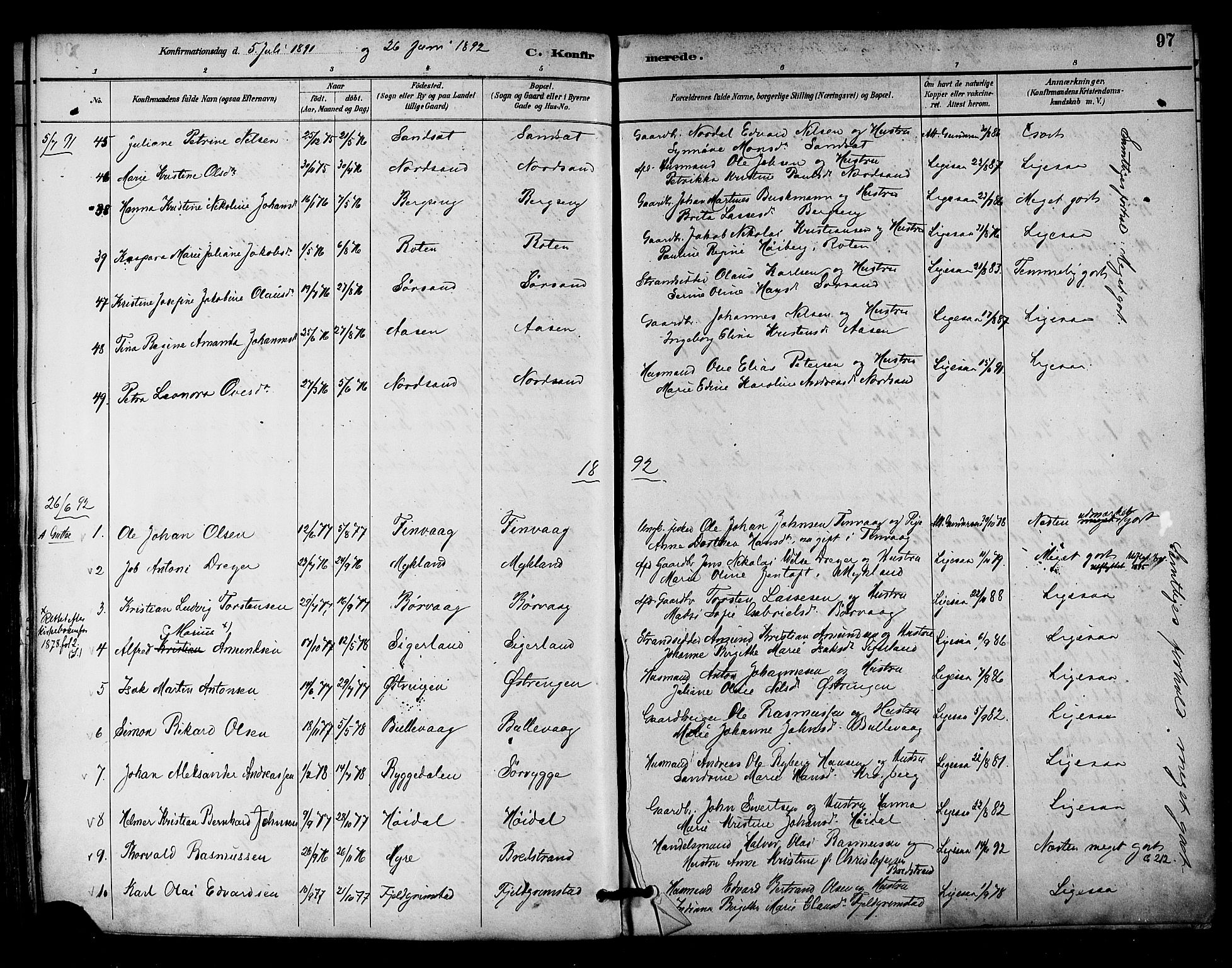 Ministerialprotokoller, klokkerbøker og fødselsregistre - Nordland, SAT/A-1459/893/L1337: Parish register (official) no. 893A09, 1885-1893, p. 97