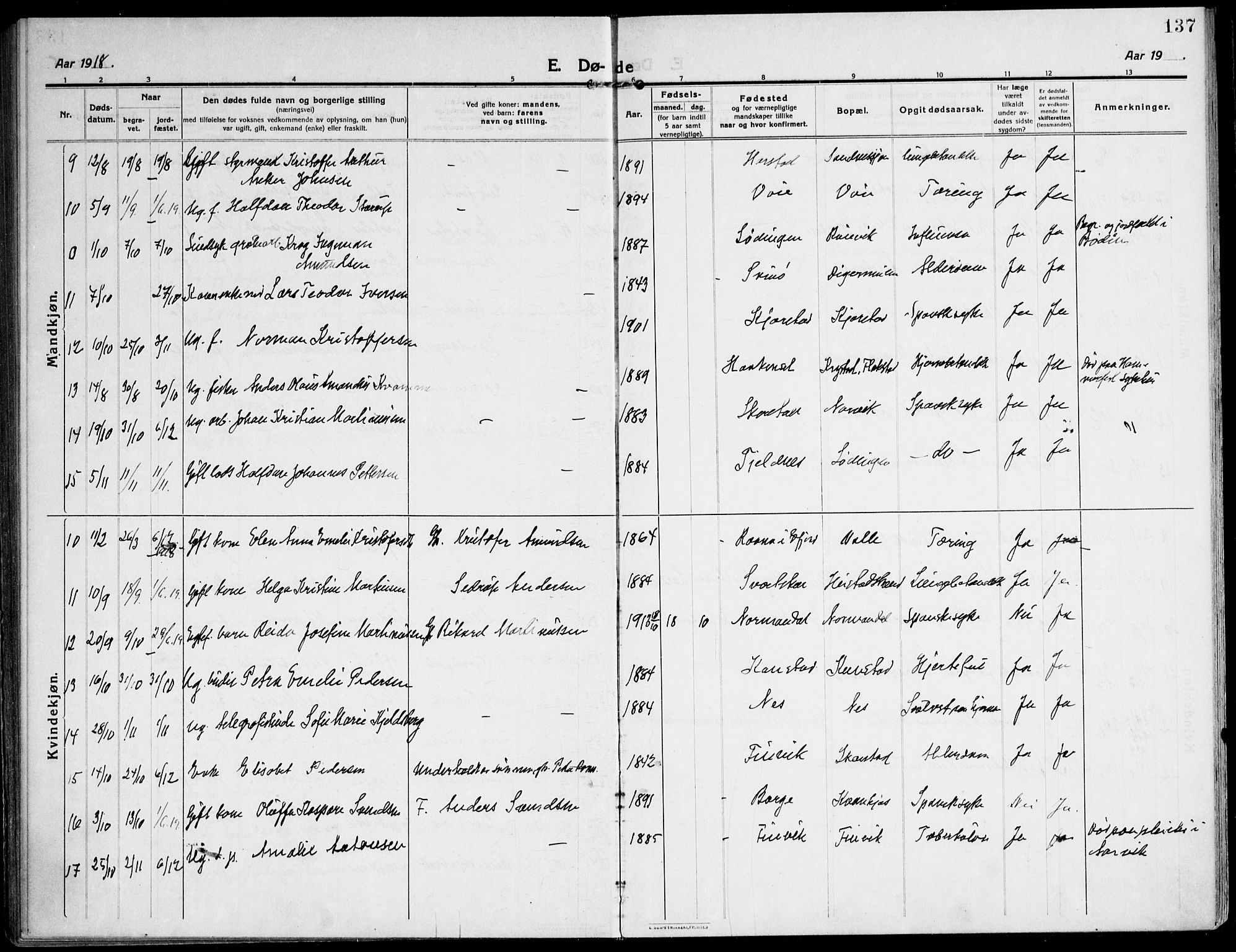 Ministerialprotokoller, klokkerbøker og fødselsregistre - Nordland, AV/SAT-A-1459/872/L1037: Parish register (official) no. 872A12, 1914-1925, p. 137