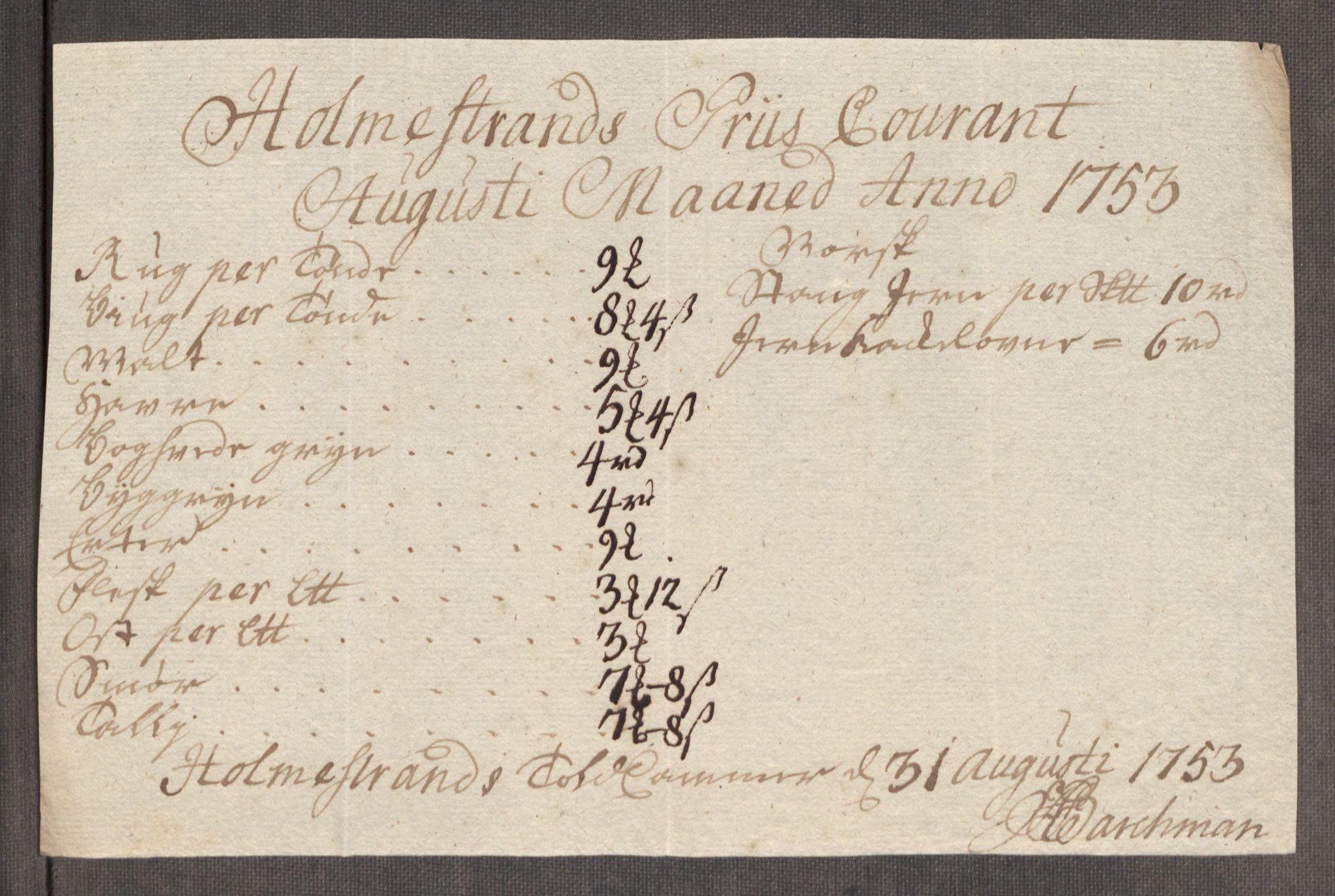 Rentekammeret inntil 1814, Realistisk ordnet avdeling, RA/EA-4070/Oe/L0005: [Ø1]: Priskuranter, 1753-1757, p. 78