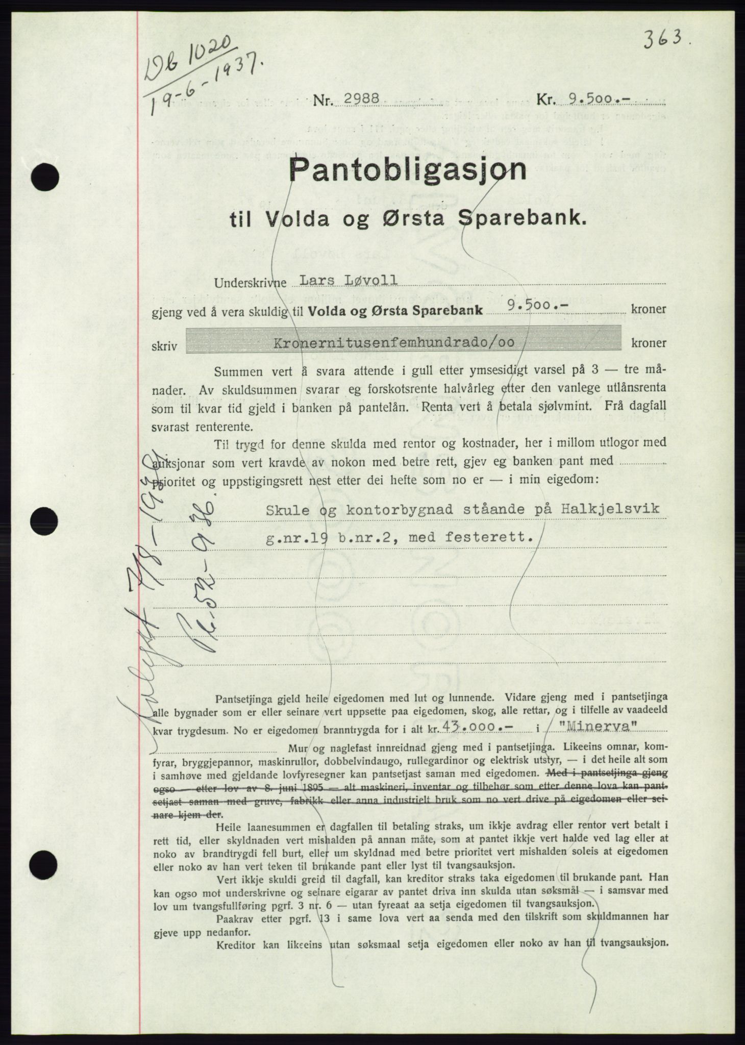 Søre Sunnmøre sorenskriveri, AV/SAT-A-4122/1/2/2C/L0063: Mortgage book no. 57, 1937-1937, Diary no: : 1020/1937