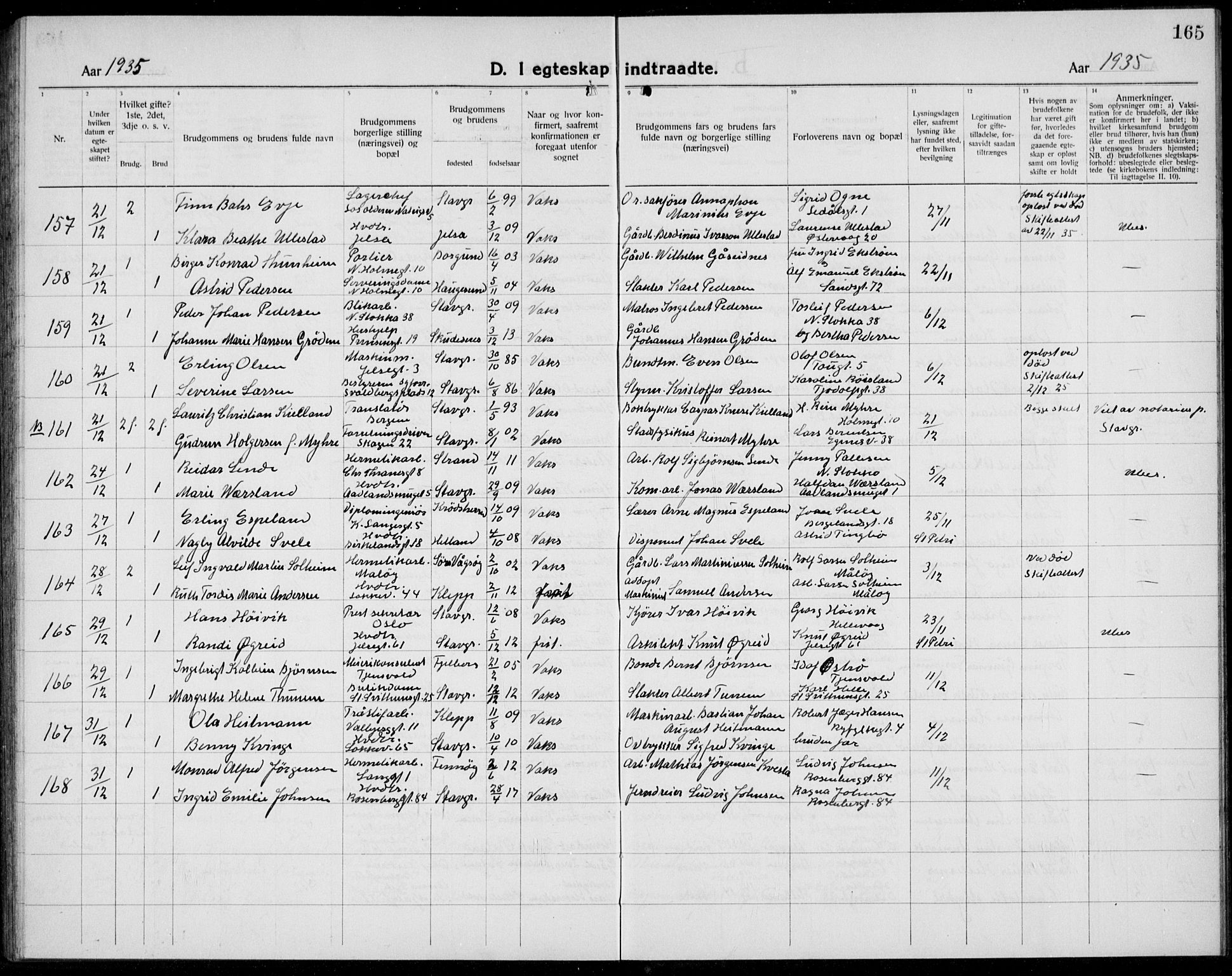 Domkirken sokneprestkontor, SAST/A-101812/001/30/30BB/L0020: Parish register (copy) no. B 20, 1921-1937, p. 165