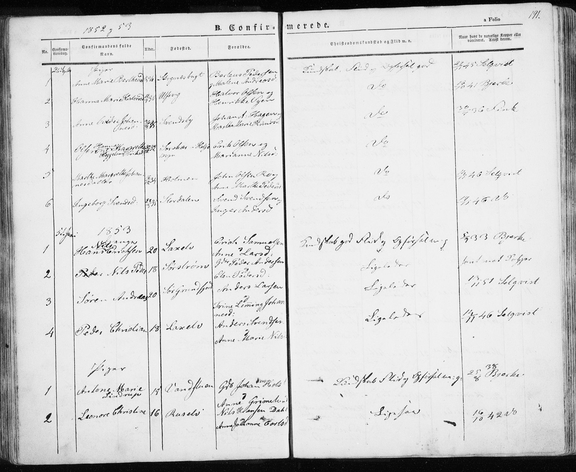 Karlsøy sokneprestembete, AV/SATØ-S-1299/H/Ha/Haa/L0003kirke: Parish register (official) no. 3, 1843-1860, p. 191