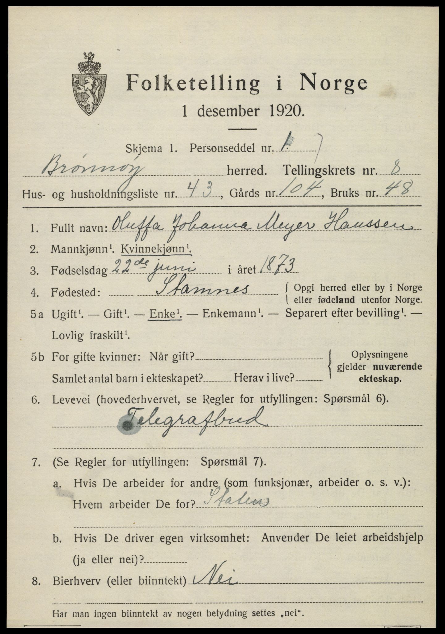 SAT, 1920 census for Brønnøy, 1920, p. 6506