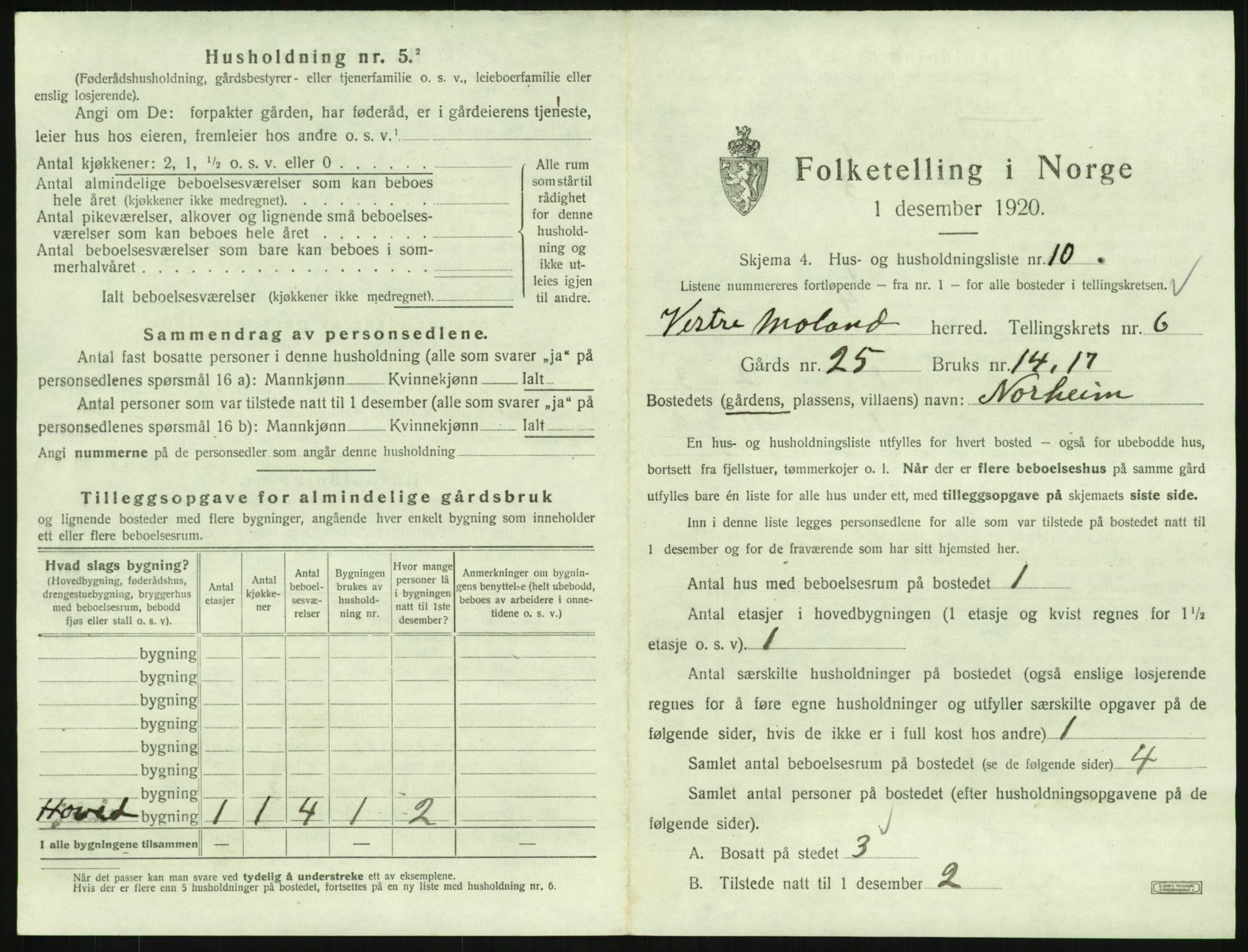 SAK, 1920 census for Vestre Moland, 1920, p. 837