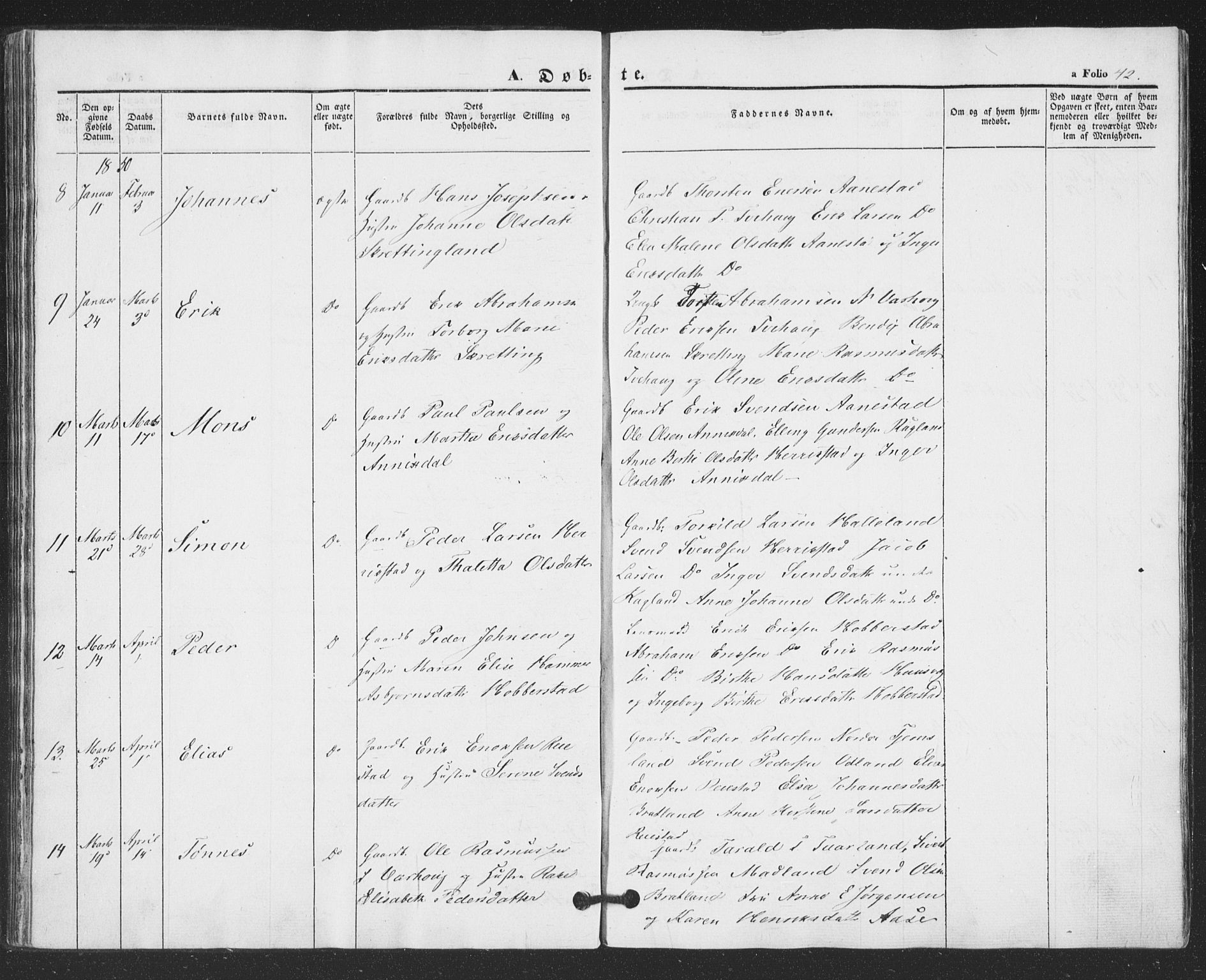 Hå sokneprestkontor, AV/SAST-A-101801/001/30BA/L0007: Parish register (official) no. A 6, 1842-1855, p. 42