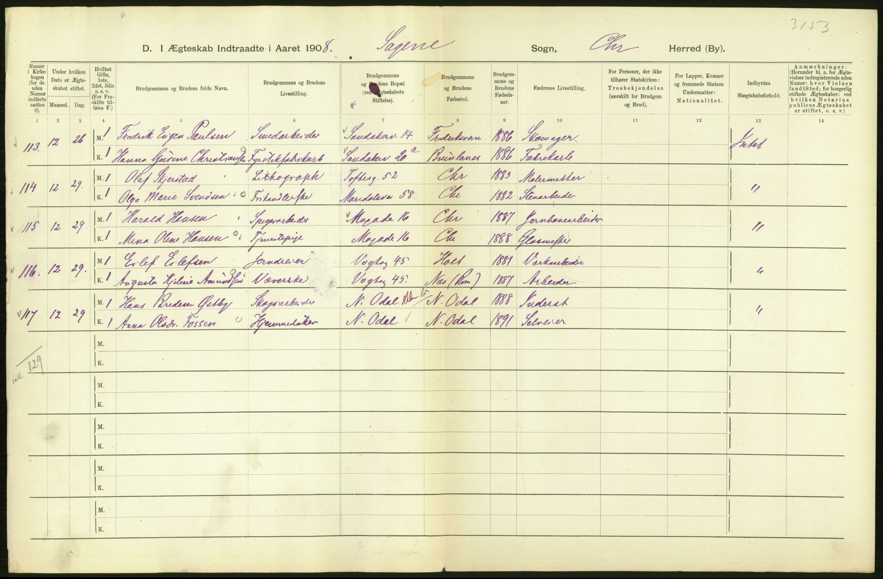 Statistisk sentralbyrå, Sosiodemografiske emner, Befolkning, AV/RA-S-2228/D/Df/Dfa/Dfaf/L0007: Kristiania: Gifte, 1908, p. 220