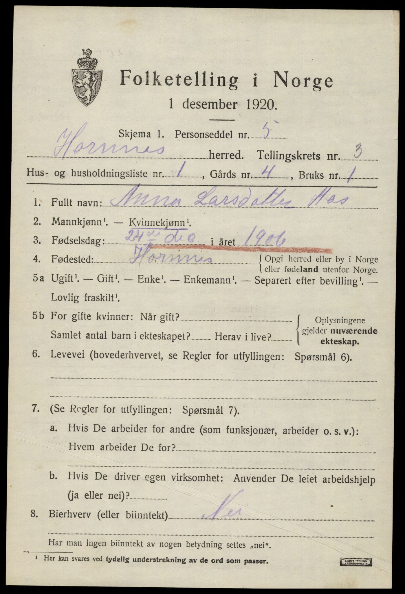 SAK, 1920 census for Hornnes, 1920, p. 811