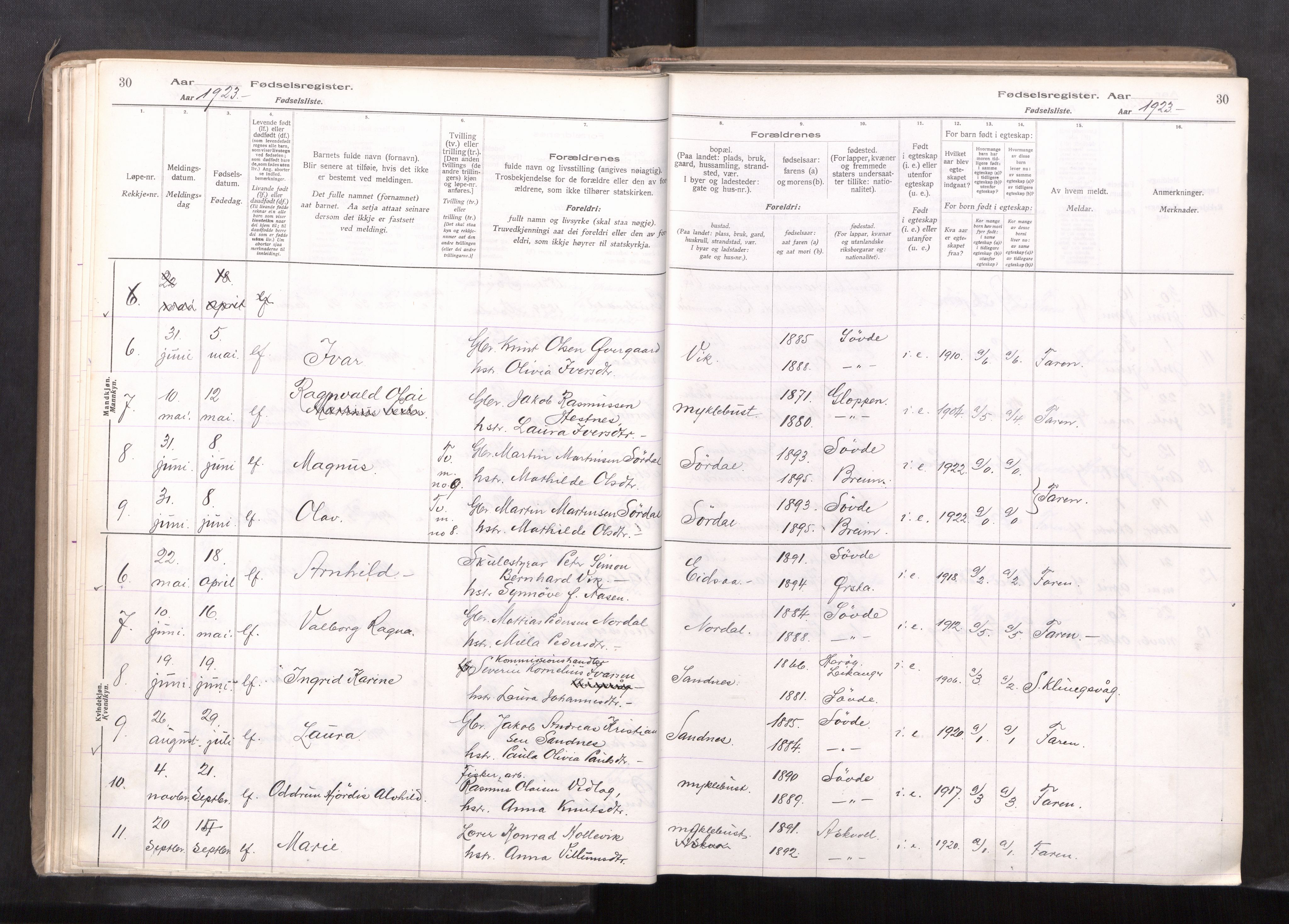 Ministerialprotokoller, klokkerbøker og fødselsregistre - Møre og Romsdal, AV/SAT-A-1454/502/L0031: Birth register no. 502---, 1916-1968, p. 30