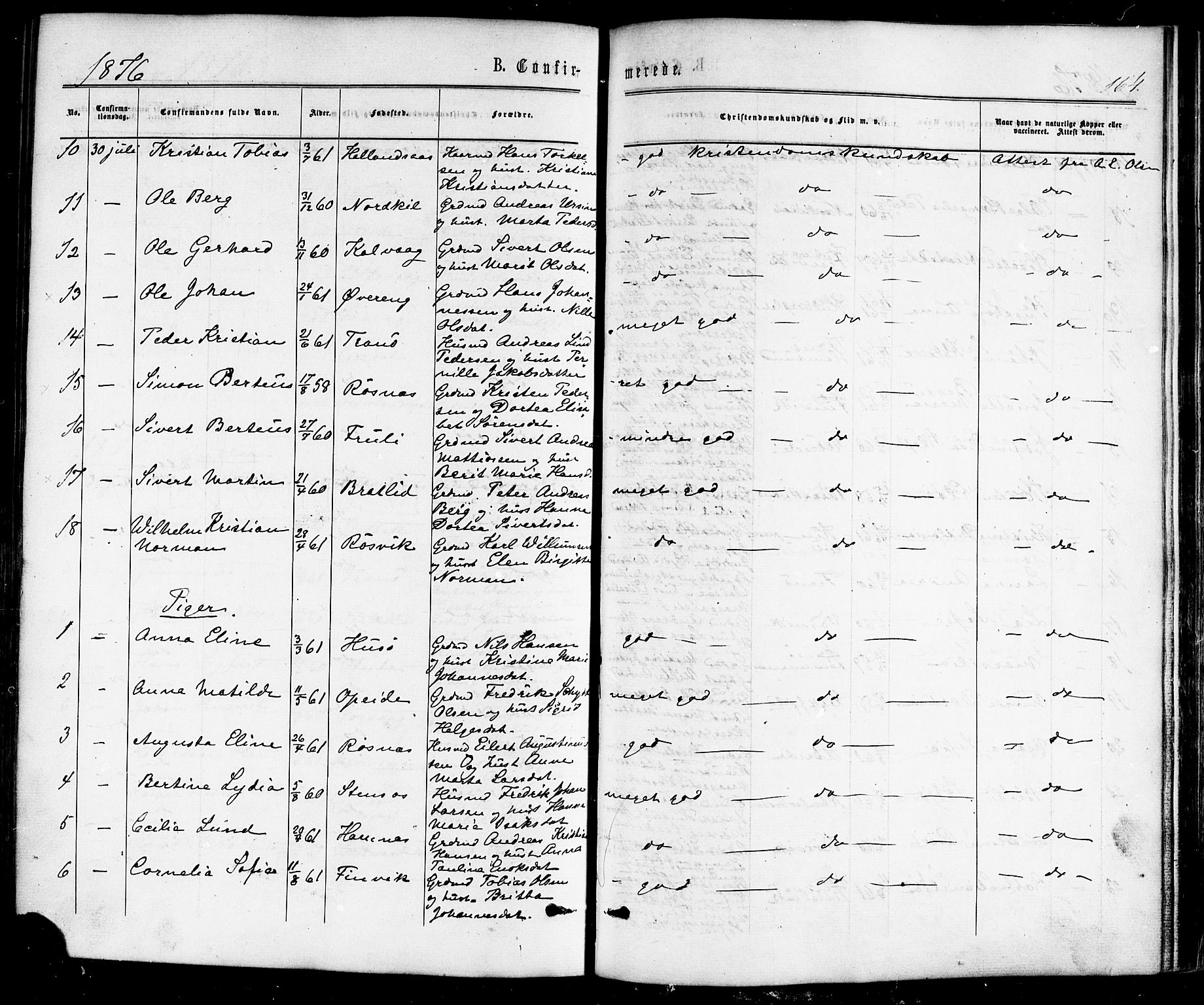 Ministerialprotokoller, klokkerbøker og fødselsregistre - Nordland, SAT/A-1459/859/L0845: Parish register (official) no. 859A05, 1863-1877, p. 164