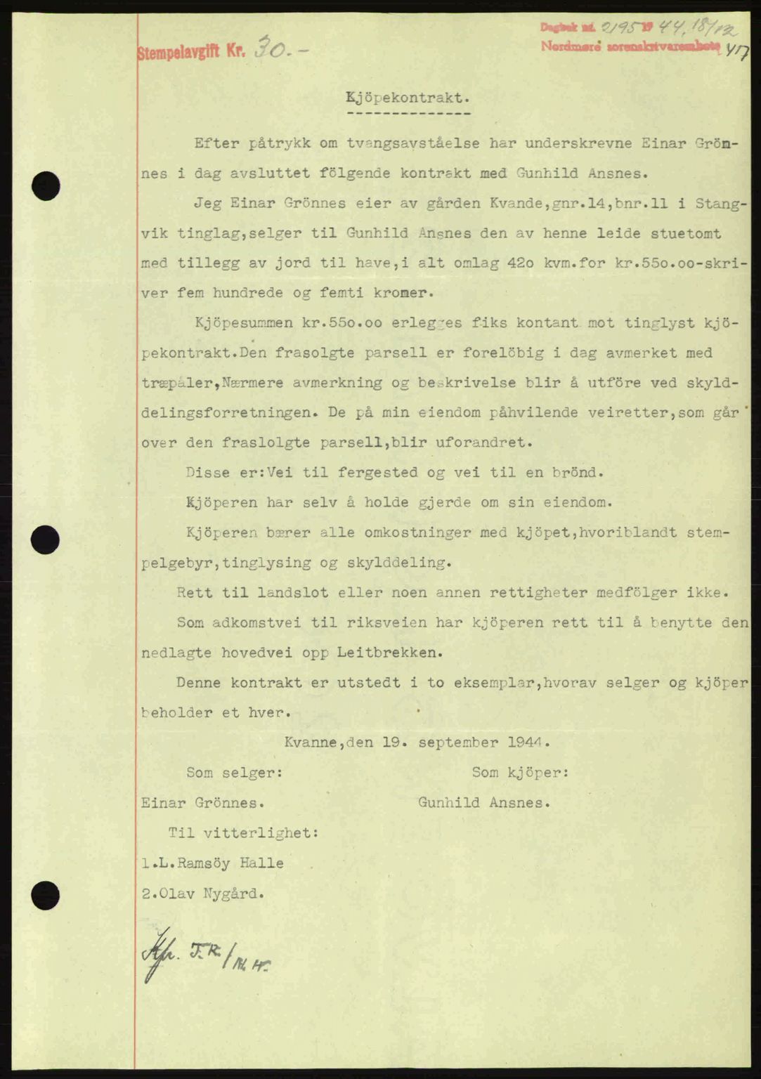 Nordmøre sorenskriveri, AV/SAT-A-4132/1/2/2Ca: Mortgage book no. B92, 1944-1945, Diary no: : 2195/1944