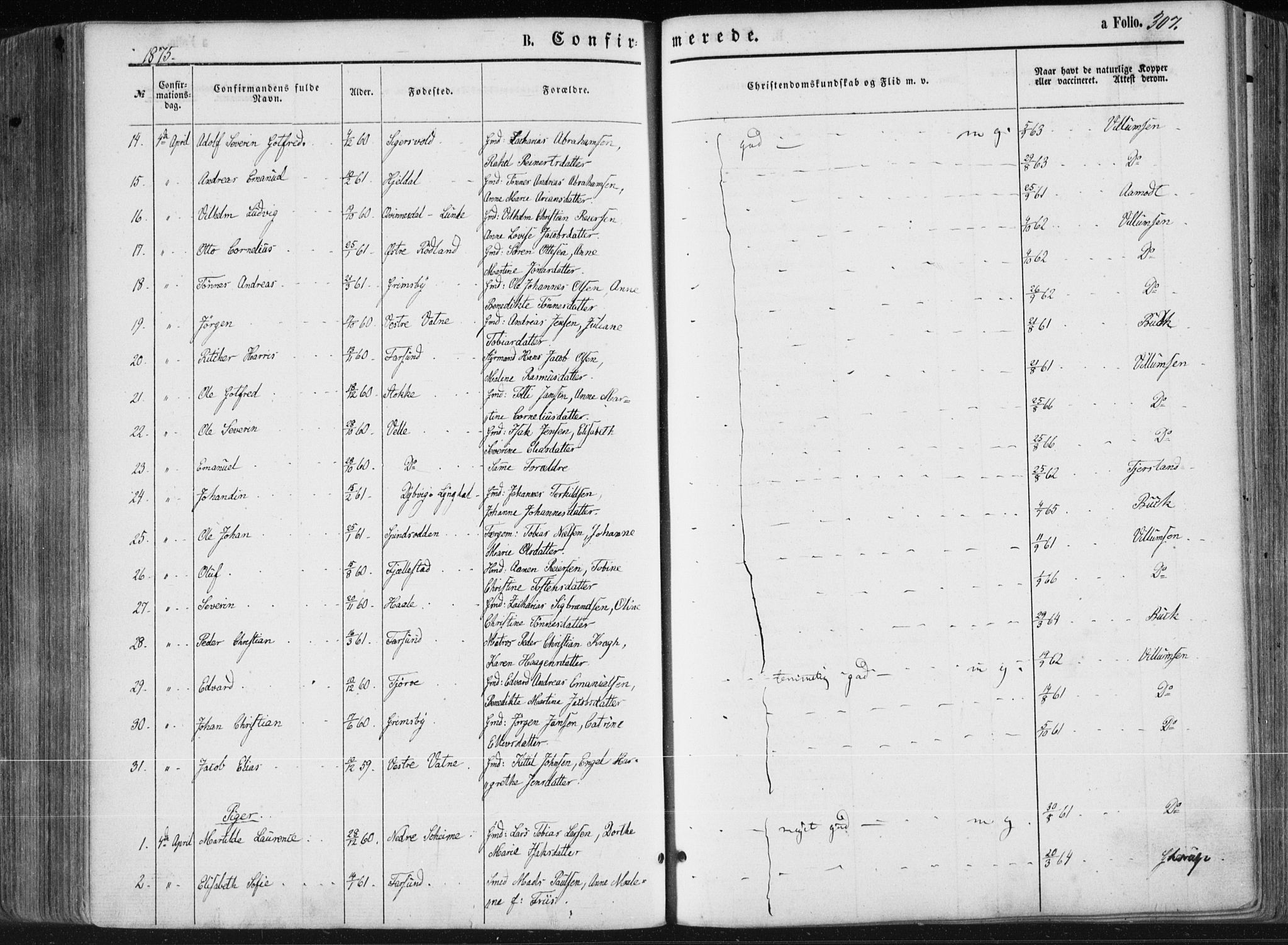 Lista sokneprestkontor, AV/SAK-1111-0027/F/Fa/L0011: Parish register (official) no. A 11, 1861-1878, p. 307