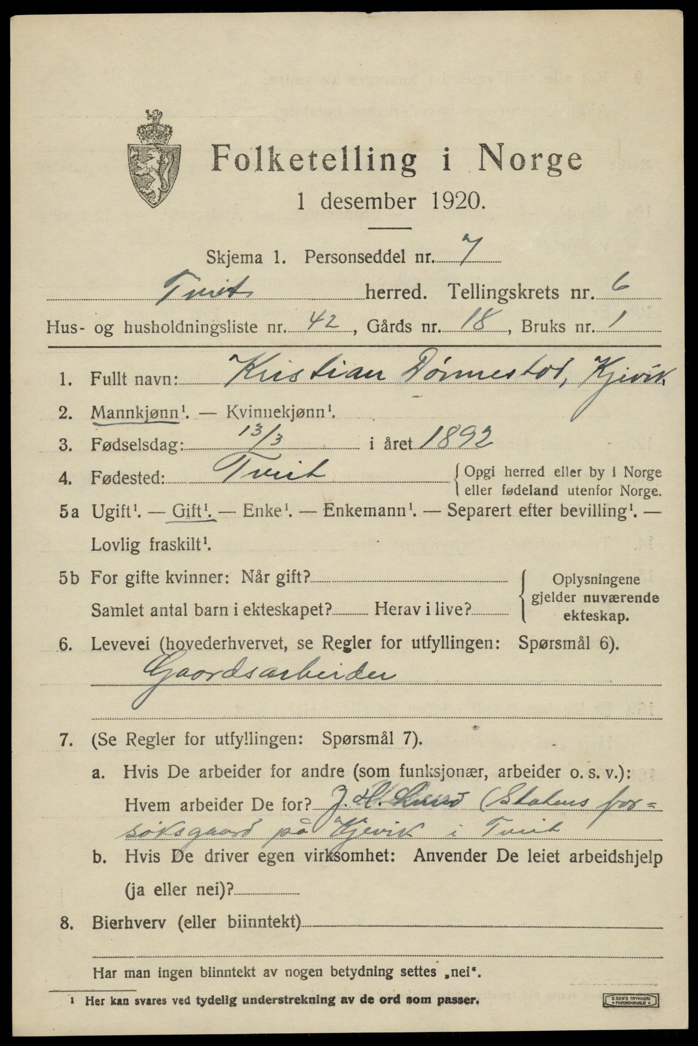 SAK, 1920 census for Tveit, 1920, p. 3158