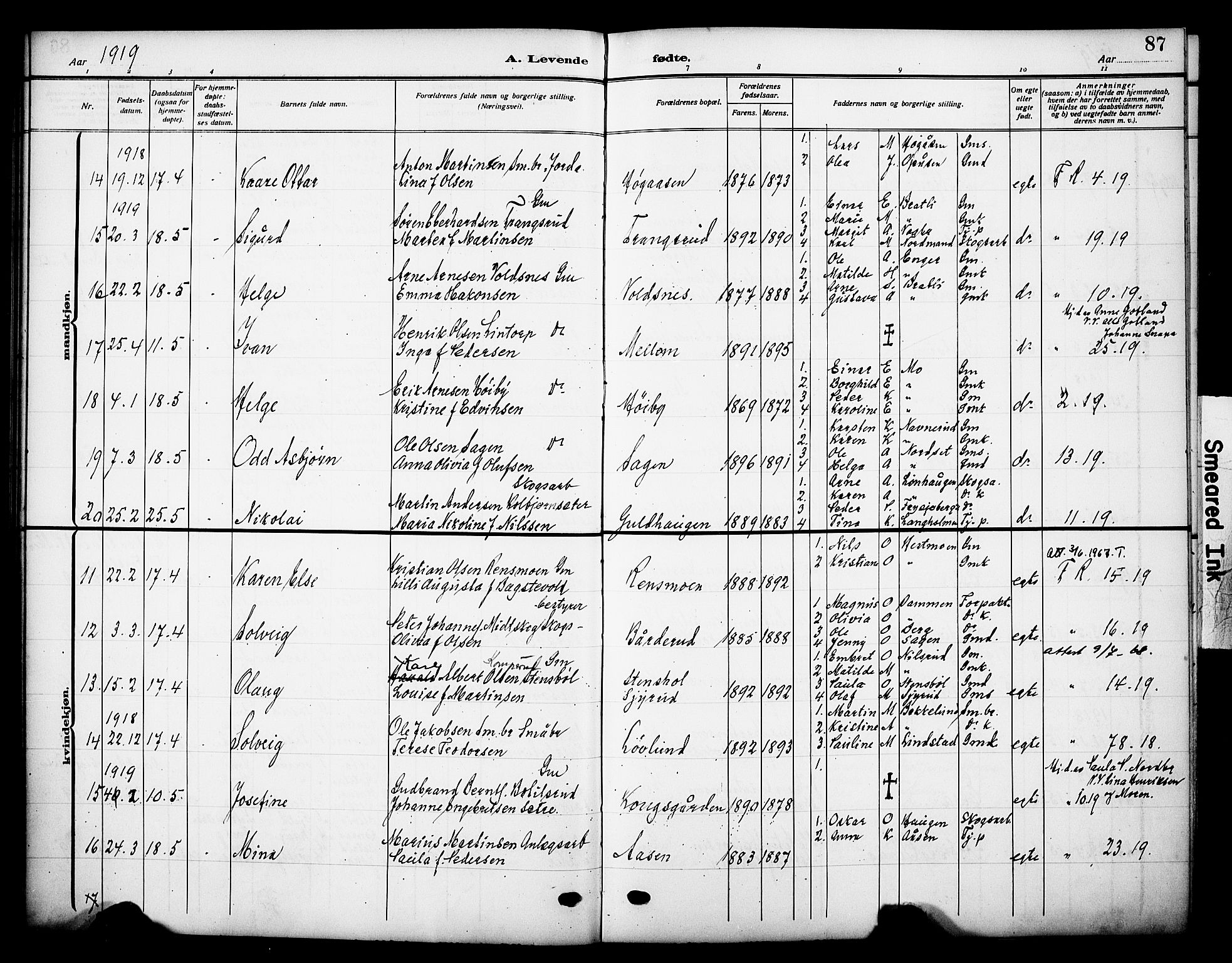 Grue prestekontor, AV/SAH-PREST-036/H/Ha/Haa/L0015: Parish register (official) no. 15, 1911-1922, p. 87