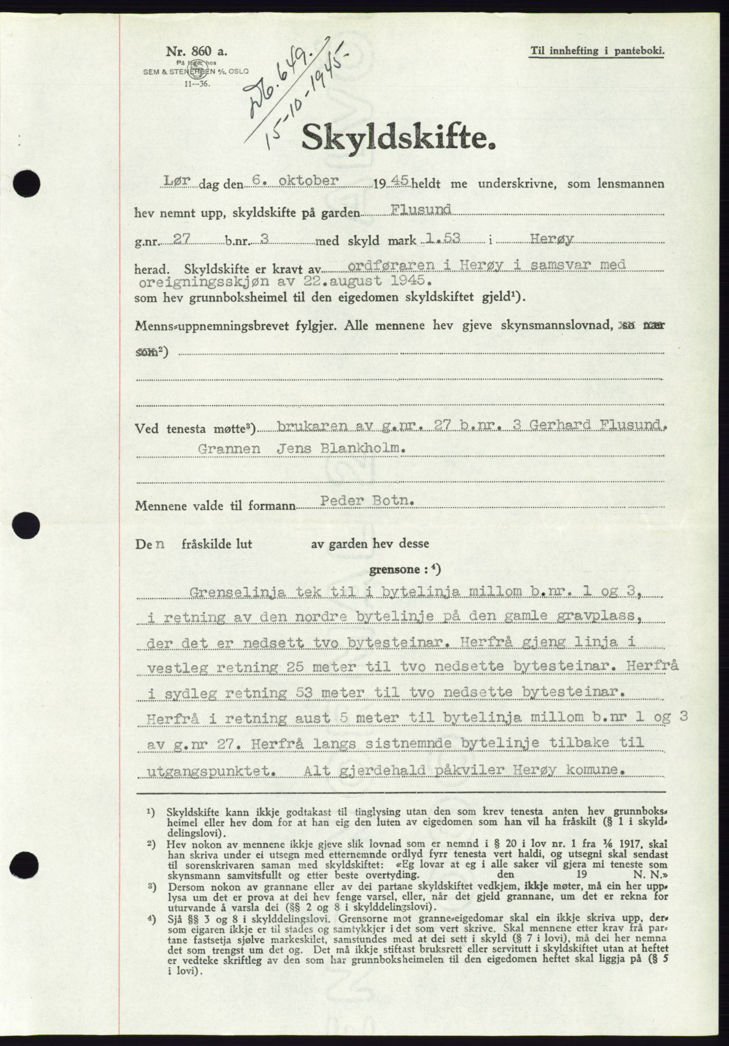 Søre Sunnmøre sorenskriveri, AV/SAT-A-4122/1/2/2C/L0077: Mortgage book no. 3A, 1945-1946, Diary no: : 649/1945