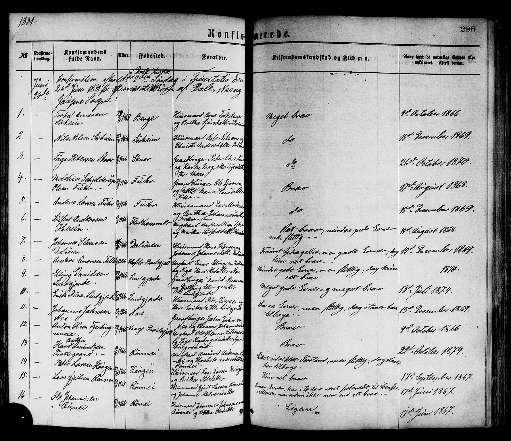 Luster sokneprestembete, SAB/A-81101/H/Haa/Haaa/L0010: Parish register (official) no. A 10, 1871-1886, p. 296