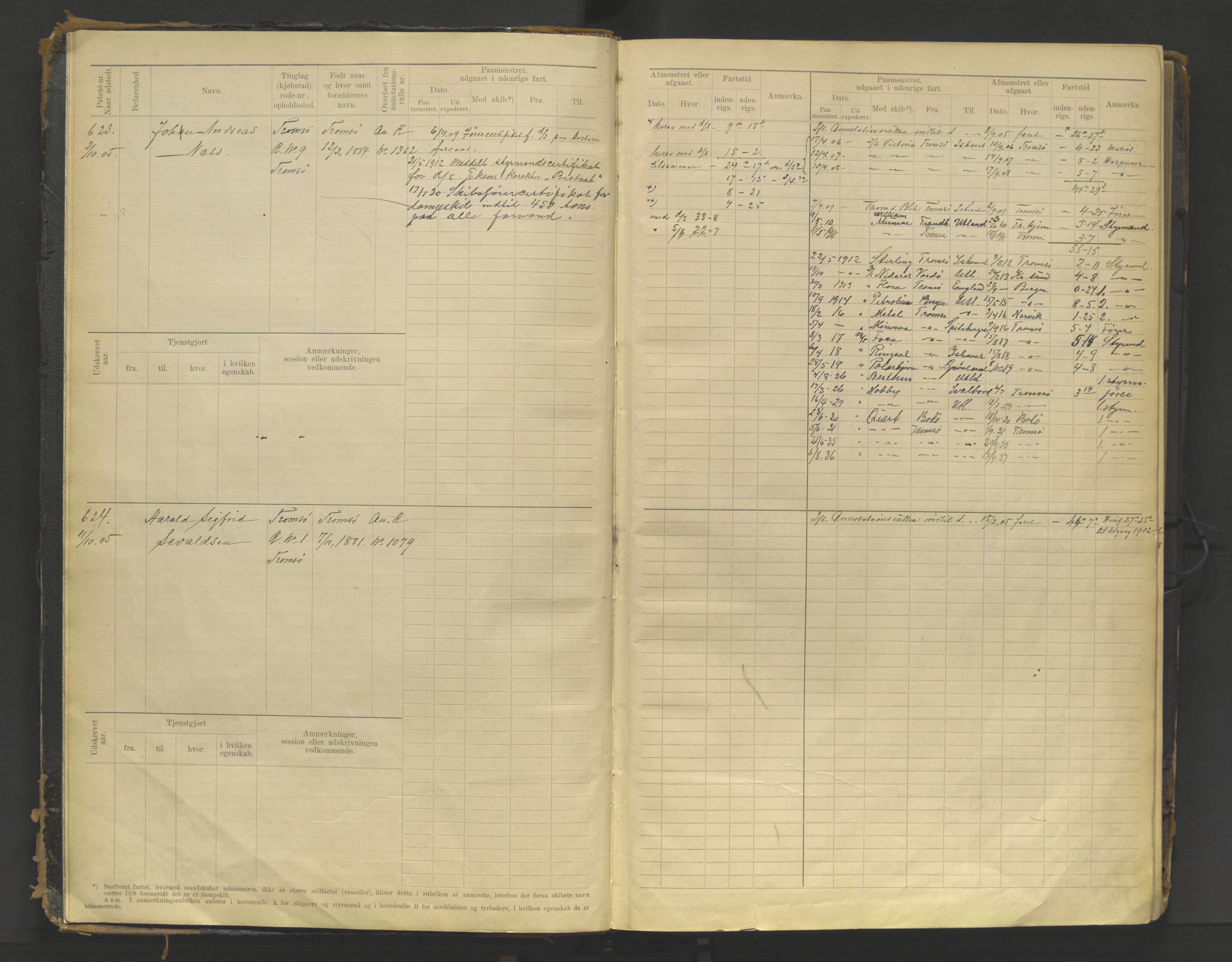 Tromsø sjømannskontor/innrullerings-/mønstringsdistrikt, AV/SATØ-S-0243/F/Fb/L0015: Sjøfartsrulle (hovedrulle). Defekt: løs rygg Nr. 621-860, 1905-1925