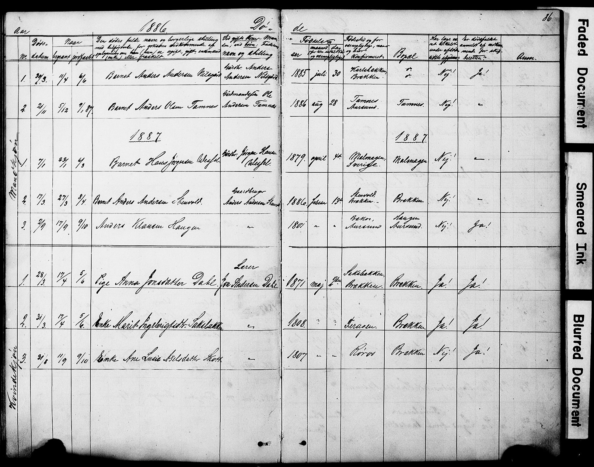 Ministerialprotokoller, klokkerbøker og fødselsregistre - Sør-Trøndelag, AV/SAT-A-1456/683/L0949: Parish register (copy) no. 683C01, 1880-1896, p. 86