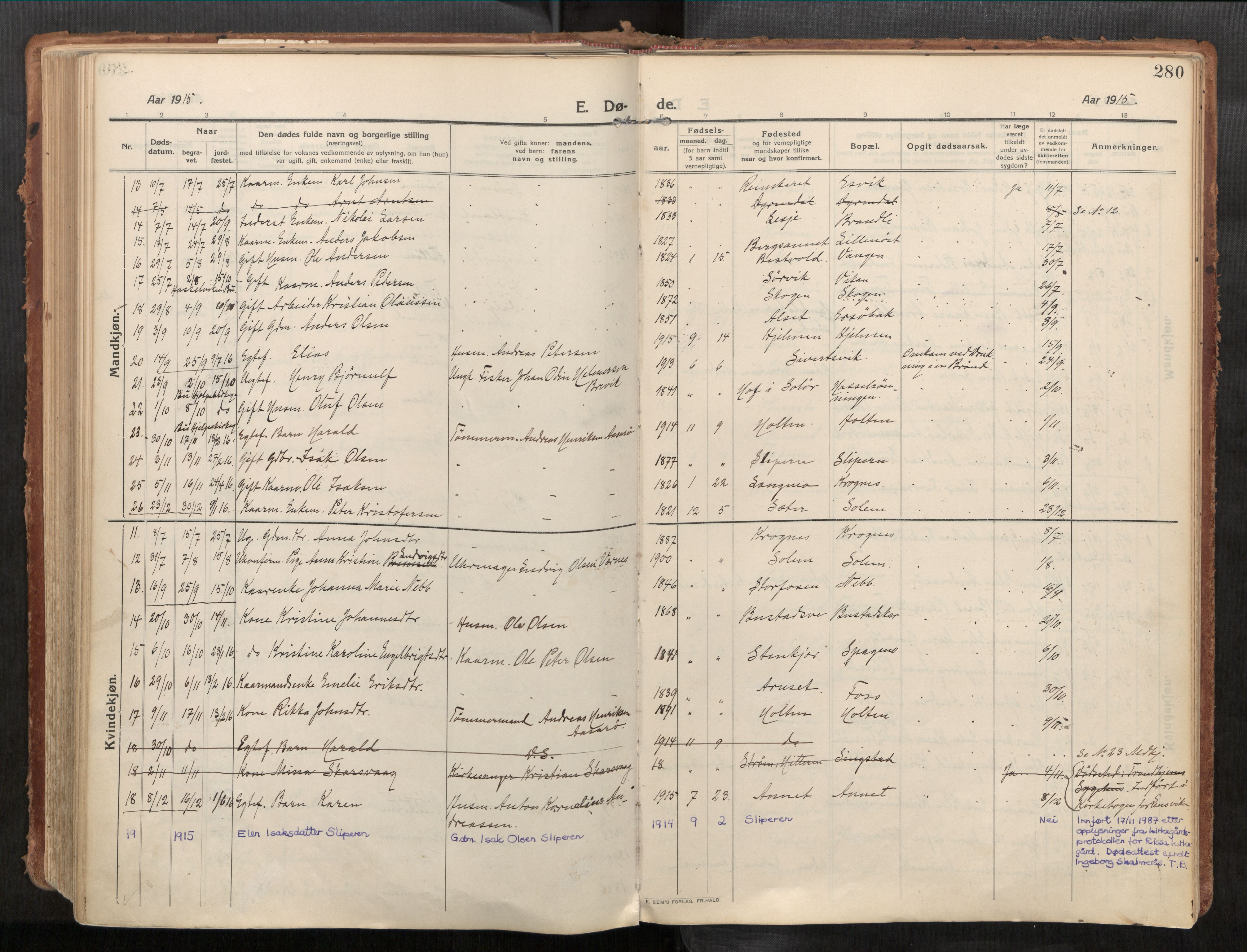 Stadsbygd sokneprestkontor, AV/SAT-A-1117/1/I/I1/I1a/L0001: Parish register (official) no. 1, 1911-1929, p. 280